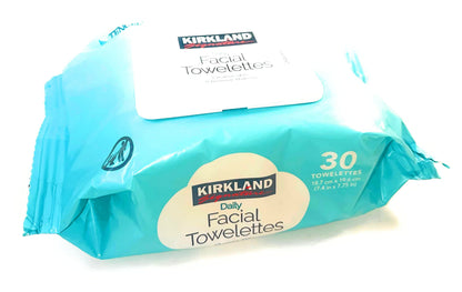 Kirkland Signature micellar water face wipes pack highlighting vitamin E and prebiotic ingredients