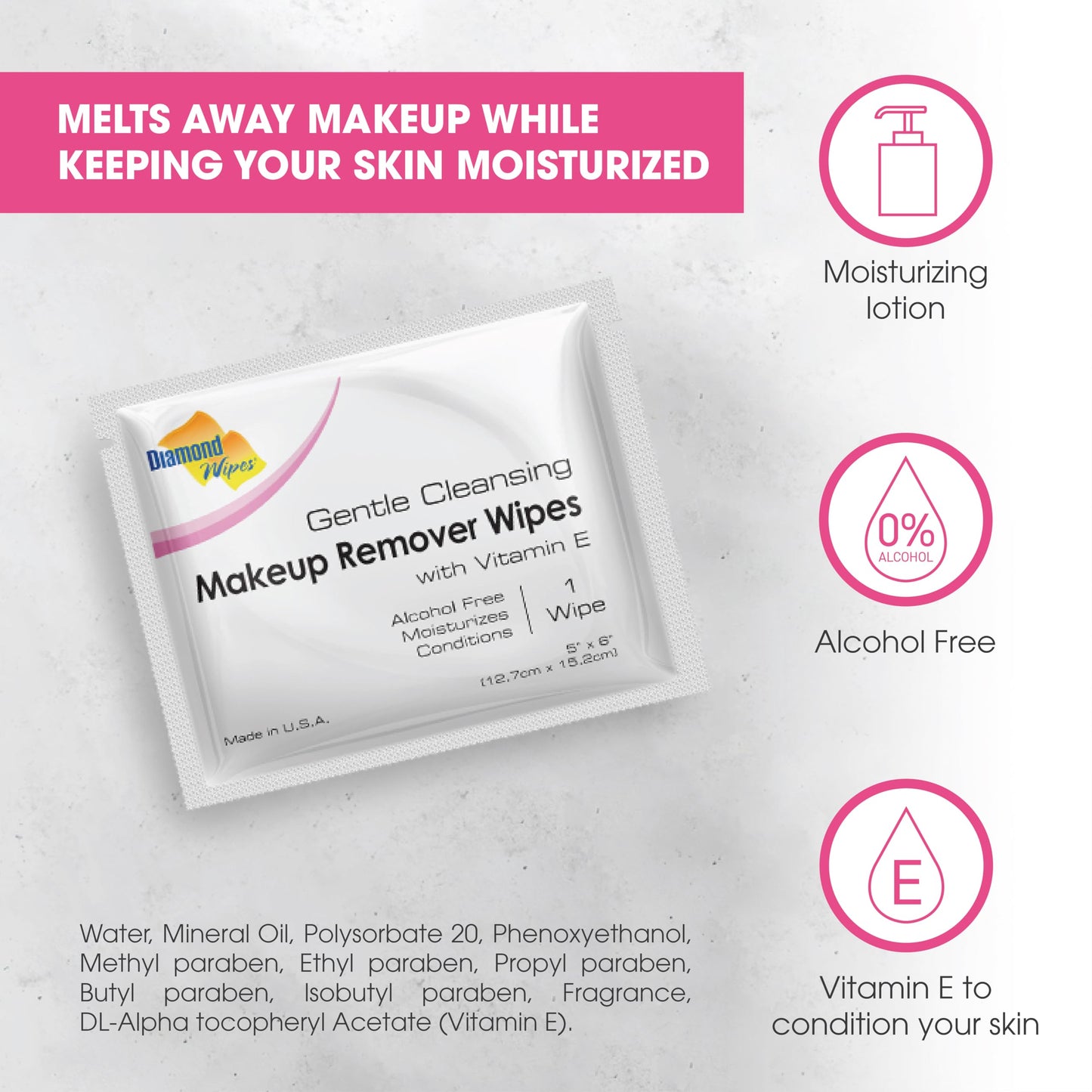 Diamond Wipes Vitamin E infused face wipes for waterproof makeup