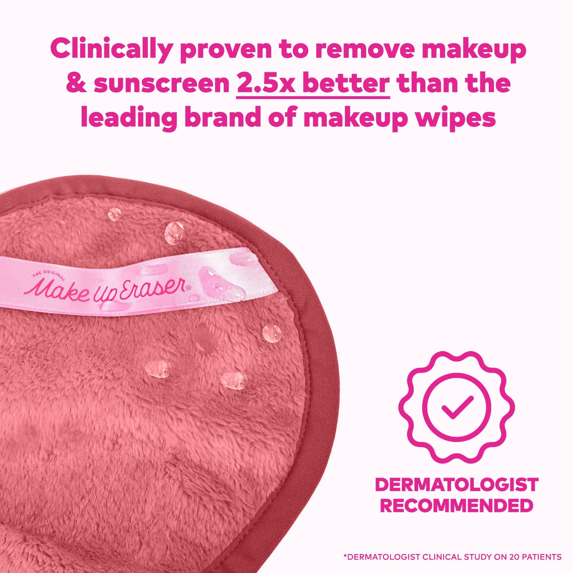 Five pink MakeUp Eraser mini cloths displayed outside the box