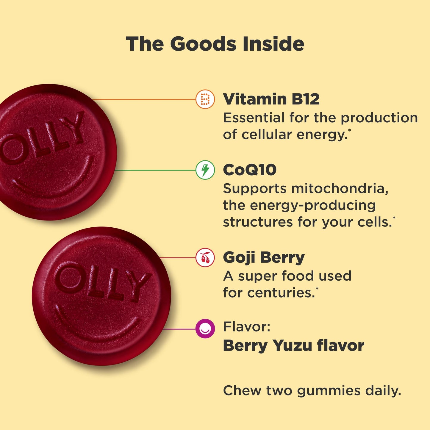 Olly Berry Yuzu energy gummies texture and color