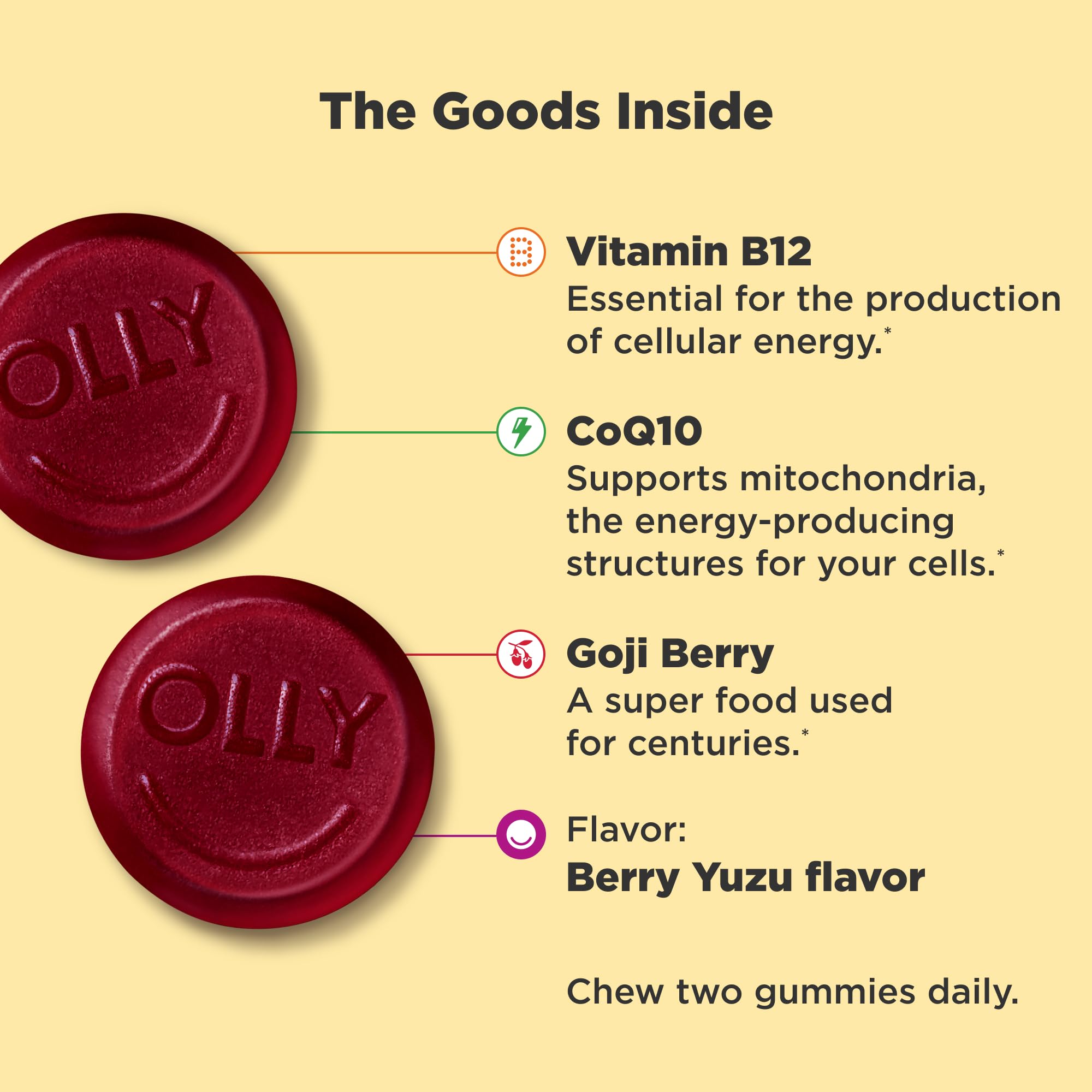 Olly Berry Yuzu energy gummies texture and color