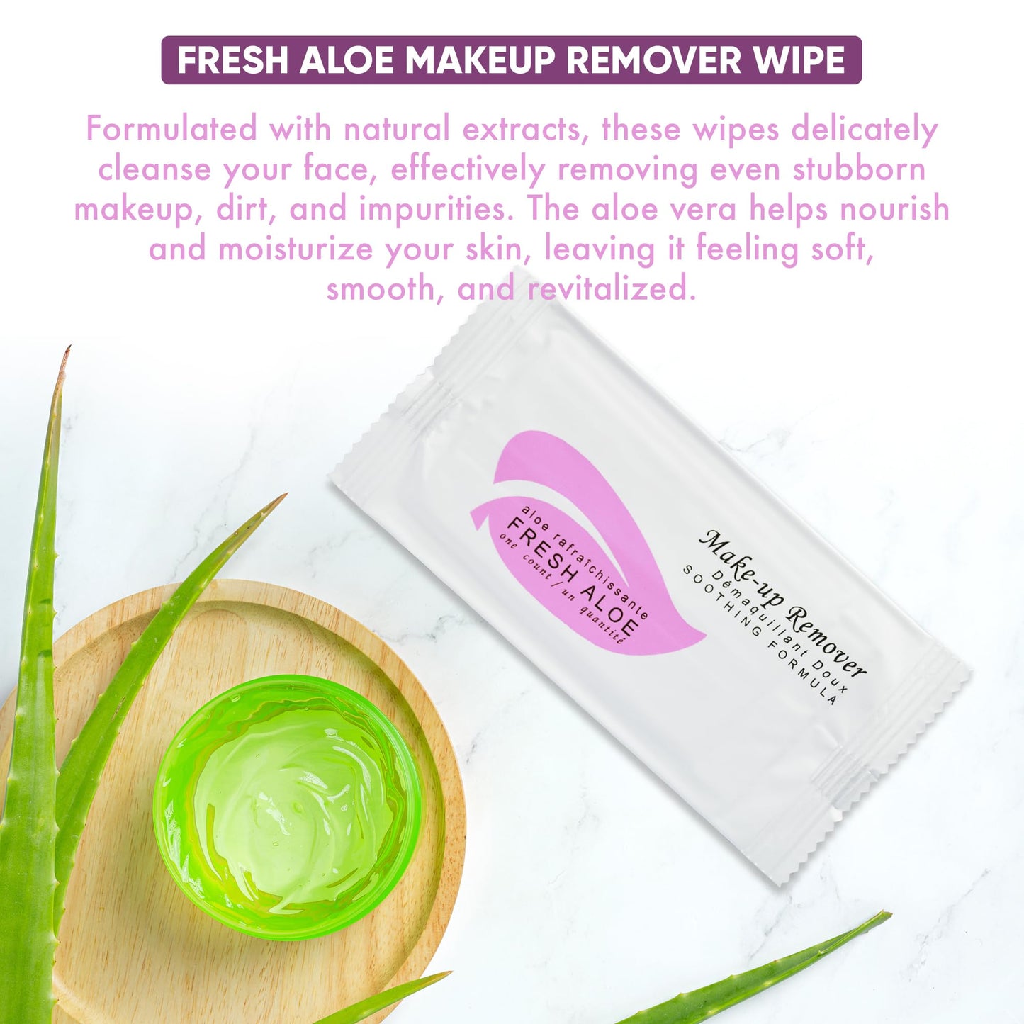 Guest bathroom vanity setup with hospitality makeup remover wipes
