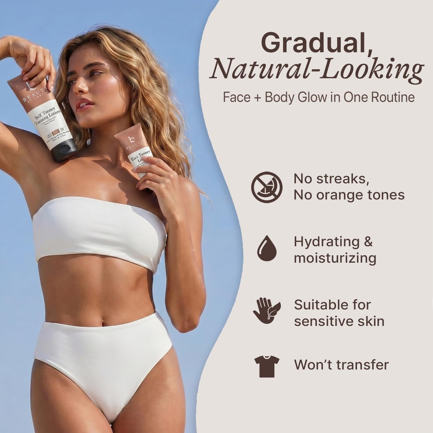 Model applying sunless tanning lotion with a mitt