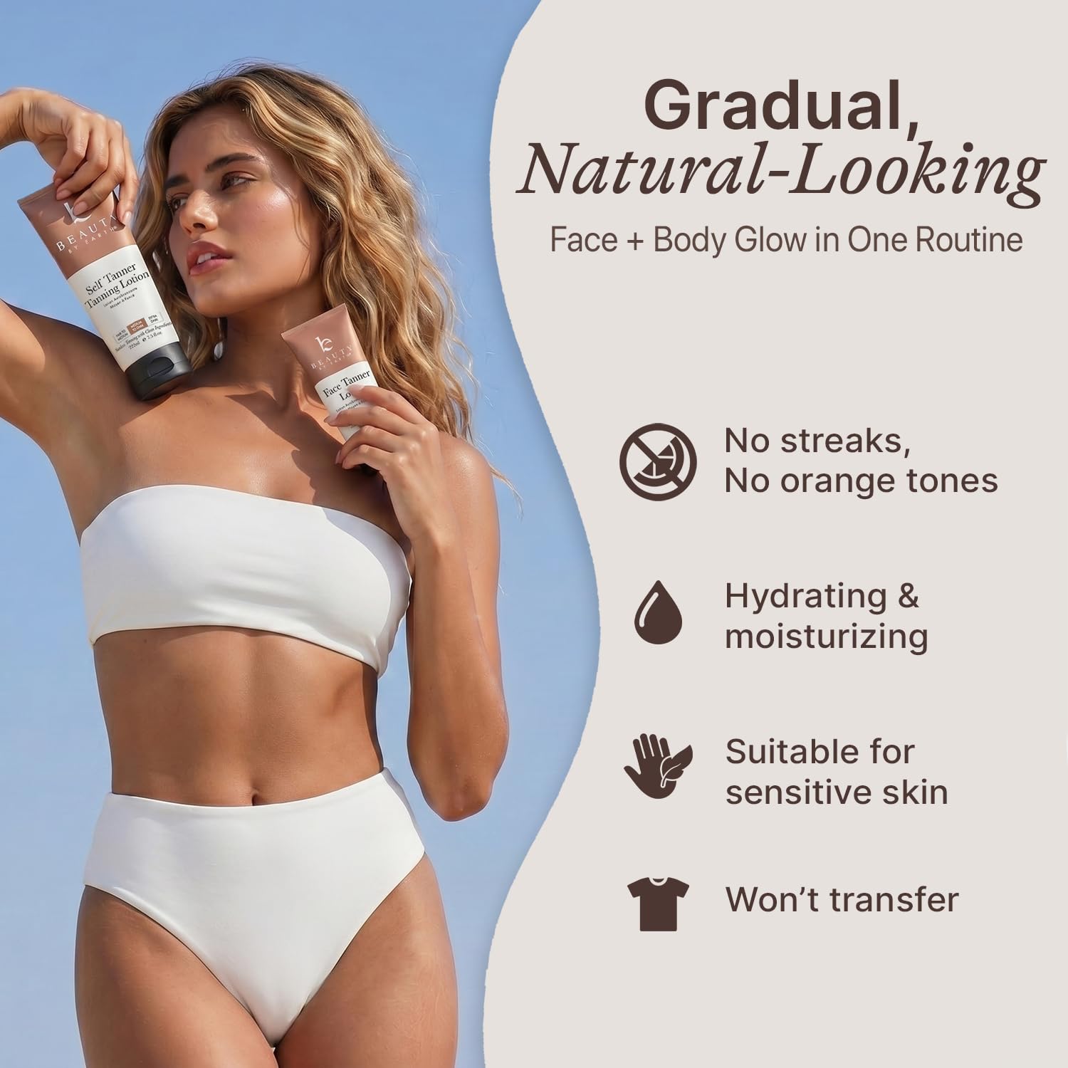 Model applying sunless tanning lotion with a mitt