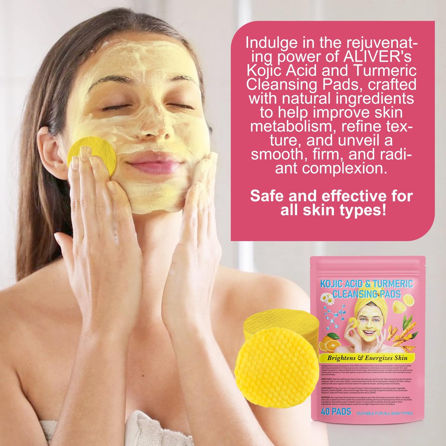 USA imported turmeric cleansing pads container with product directions and benefits