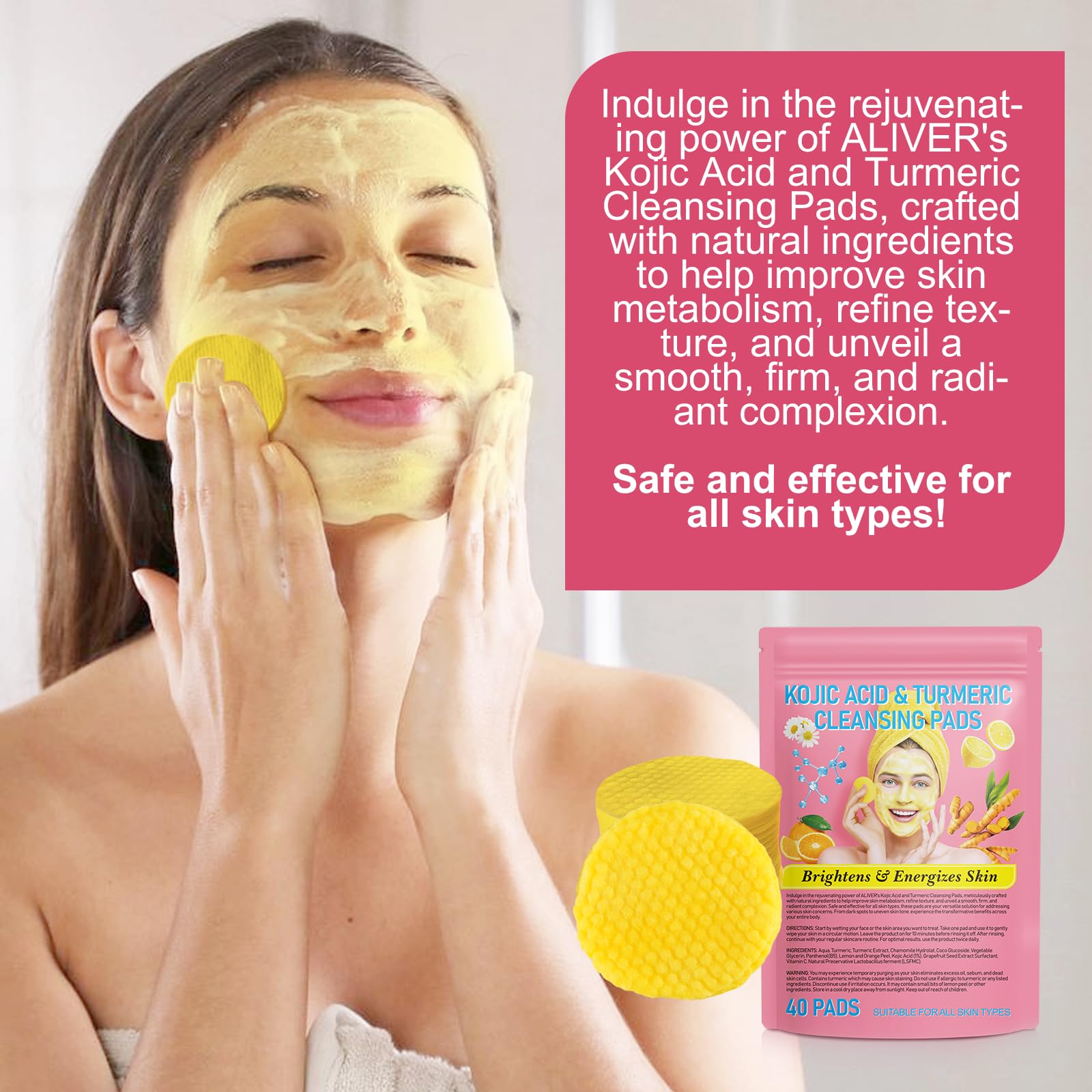 USA imported turmeric cleansing pads container with product directions and benefits