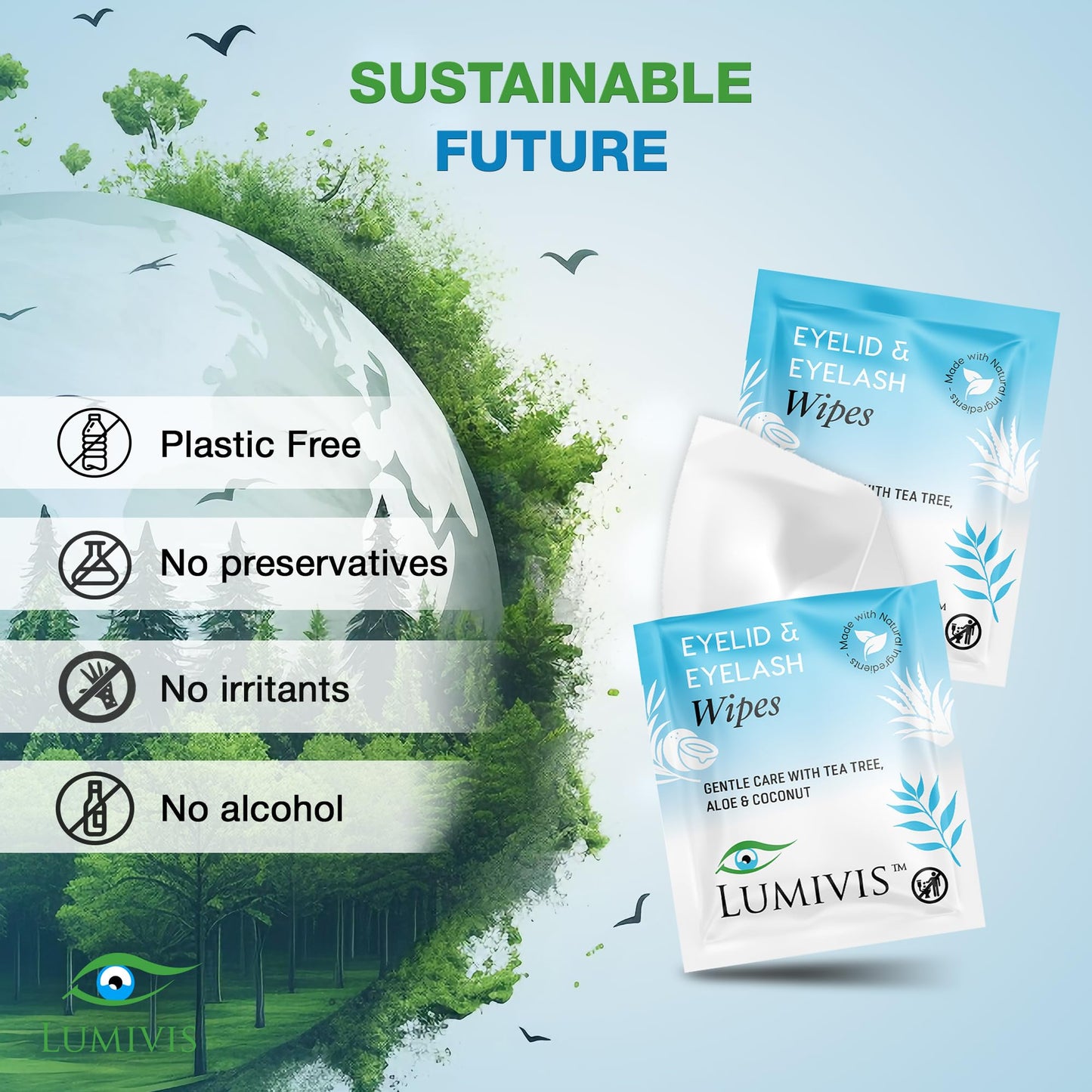 Individually wrapped Lumivis eye wipes for sensitive eyes and makeup removal