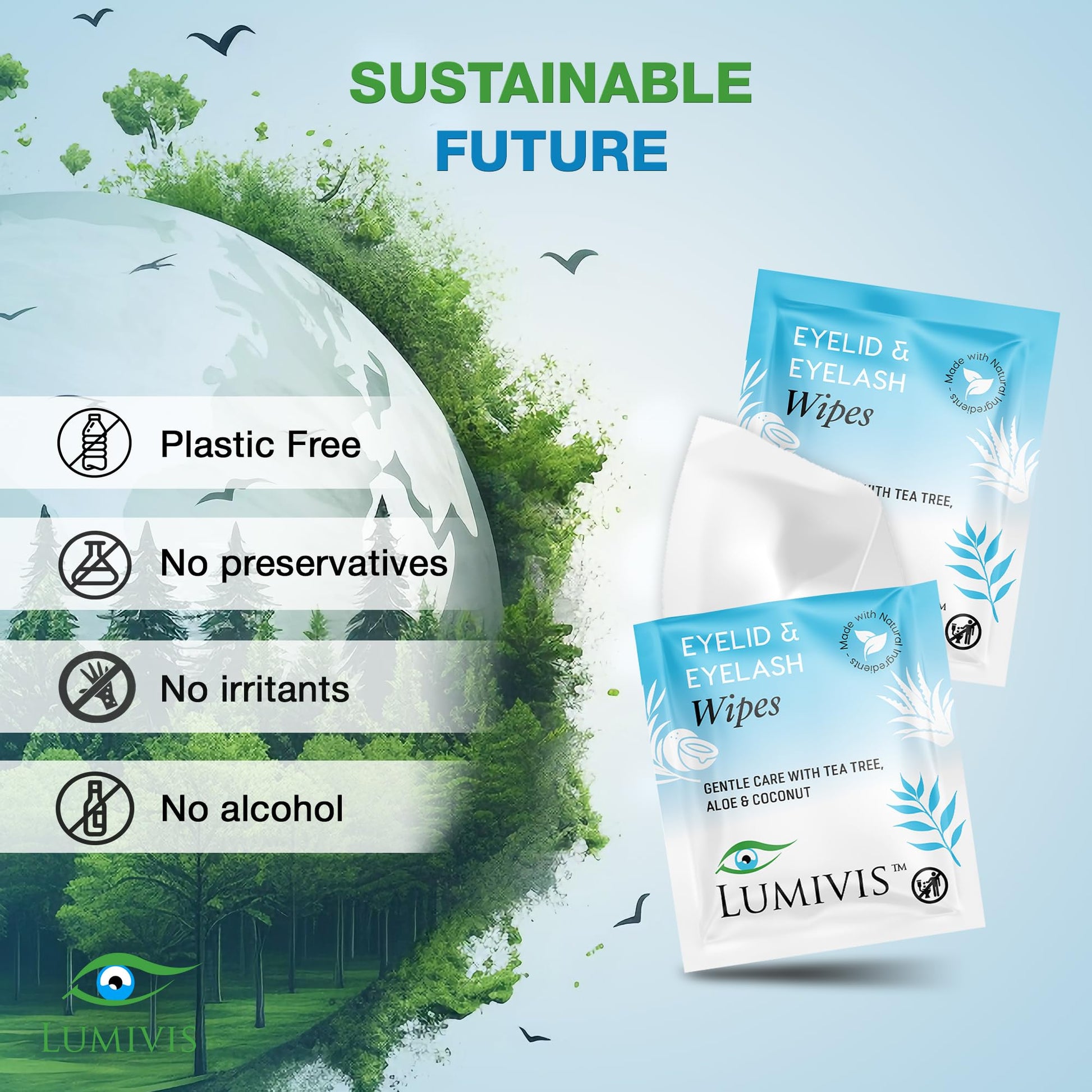 Individually wrapped Lumivis eye wipes for sensitive eyes and makeup removal