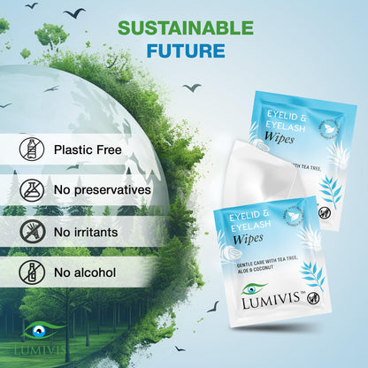 Individually wrapped Lumivis eye wipes for sensitive eyes and makeup removal
