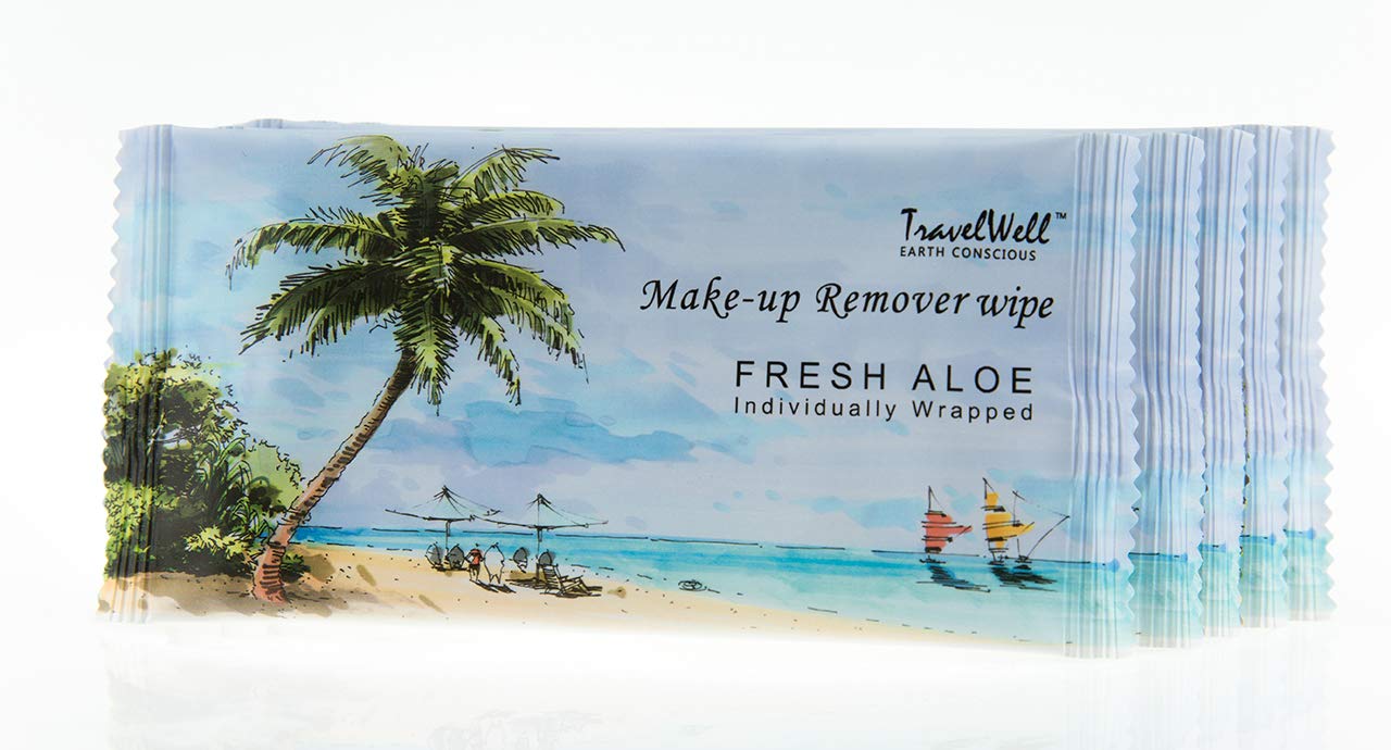 Individual travel-sized makeup remover wipe packet by Travelwell