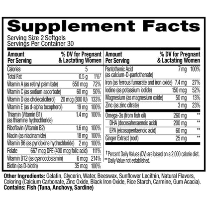 Close up of Olly prenatal multivitamin ingredient list