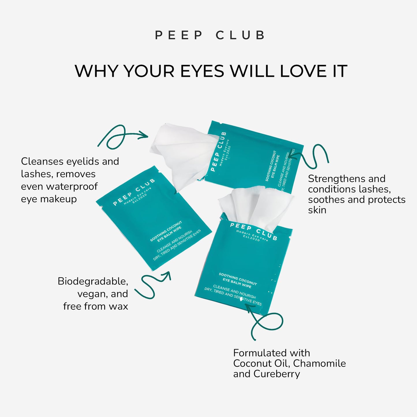 Individually wrapped Peep Club coconut eye balm wipes