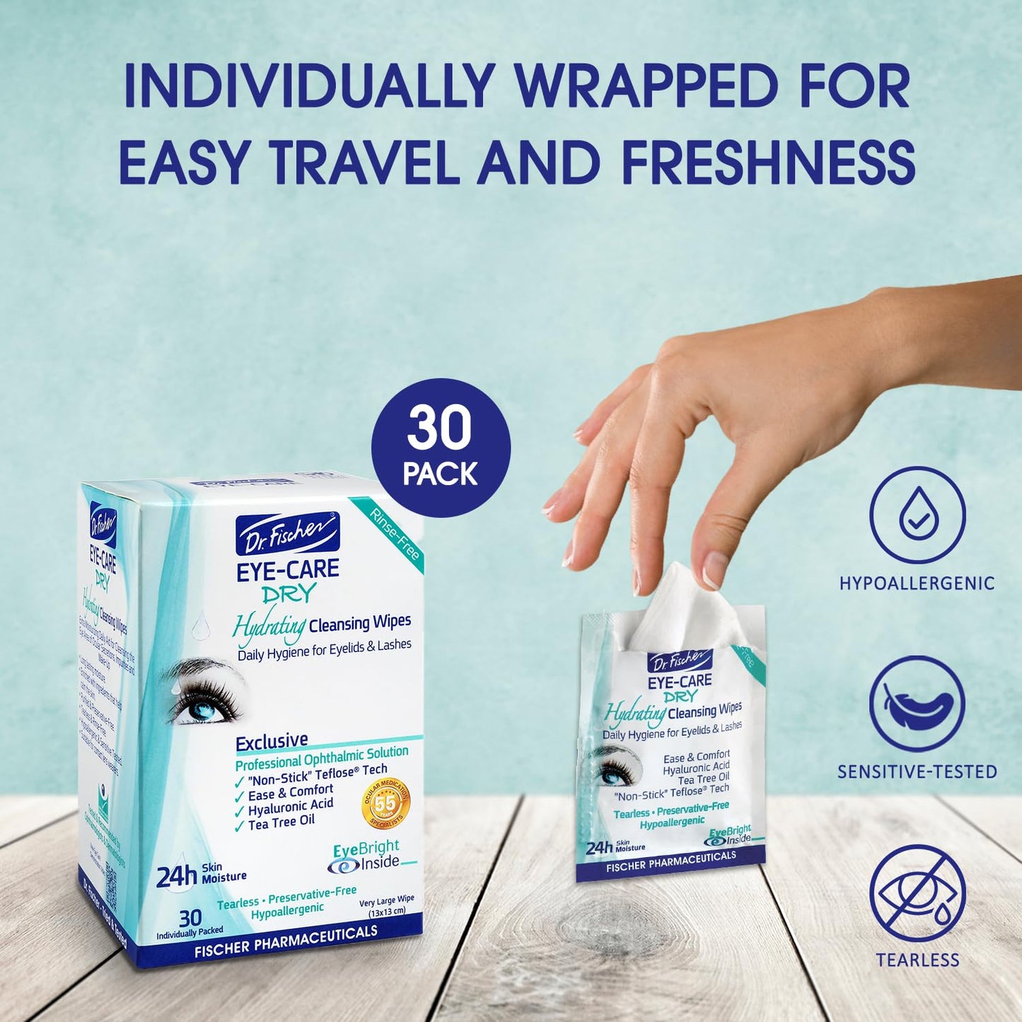 Person using Dr. Fischer tea tree wipes for eye hygiene