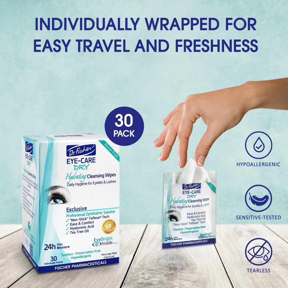 Person using Dr. Fischer tea tree wipes for eye hygiene
