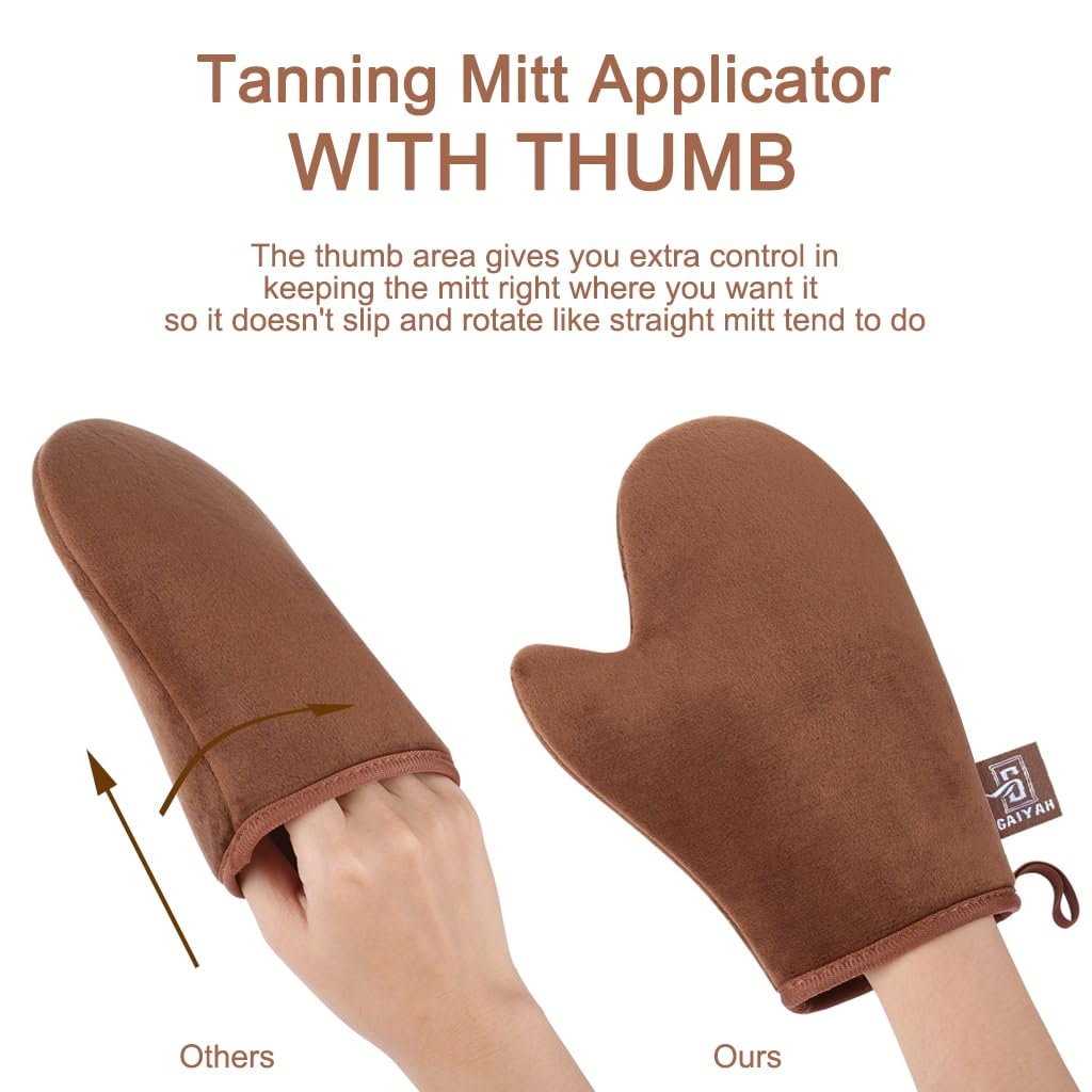 G Gaiyah tanning mitt showing waterproof inner layer and thumb design