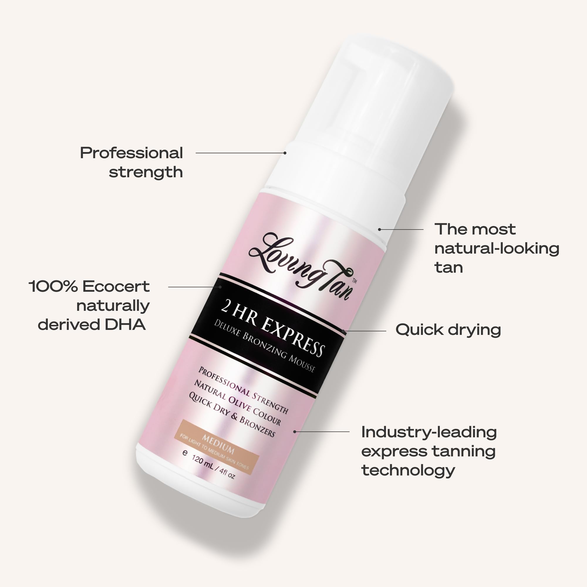 Loving Tan 2 HR Express quick drying sunless tanner bottle with pump cap closeup