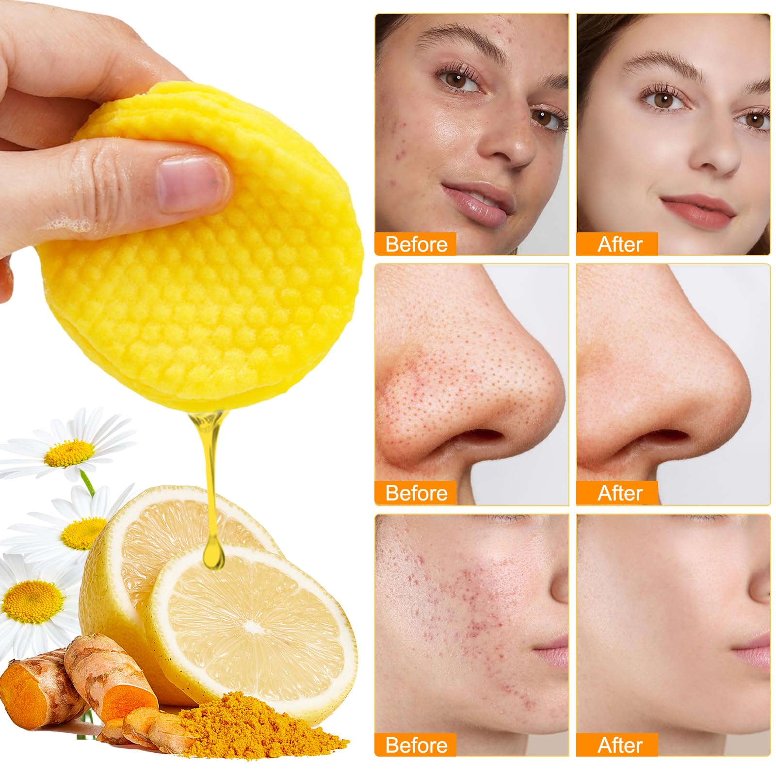 Bright yellow exfoliating facial pads with turmeric and vitamin C close up look