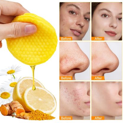 Bright yellow exfoliating facial pads with turmeric and vitamin C close up look