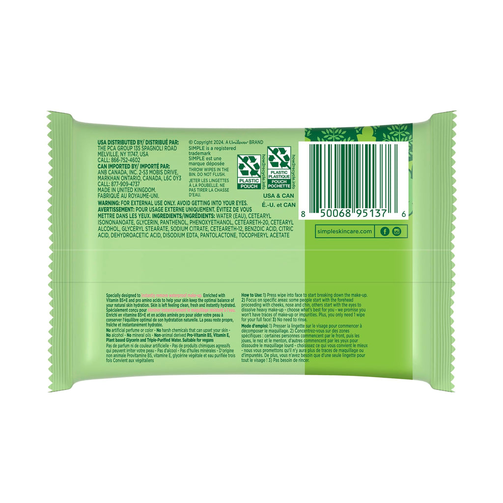Simple Kind To Skin wipes displayed with skincare routine items
