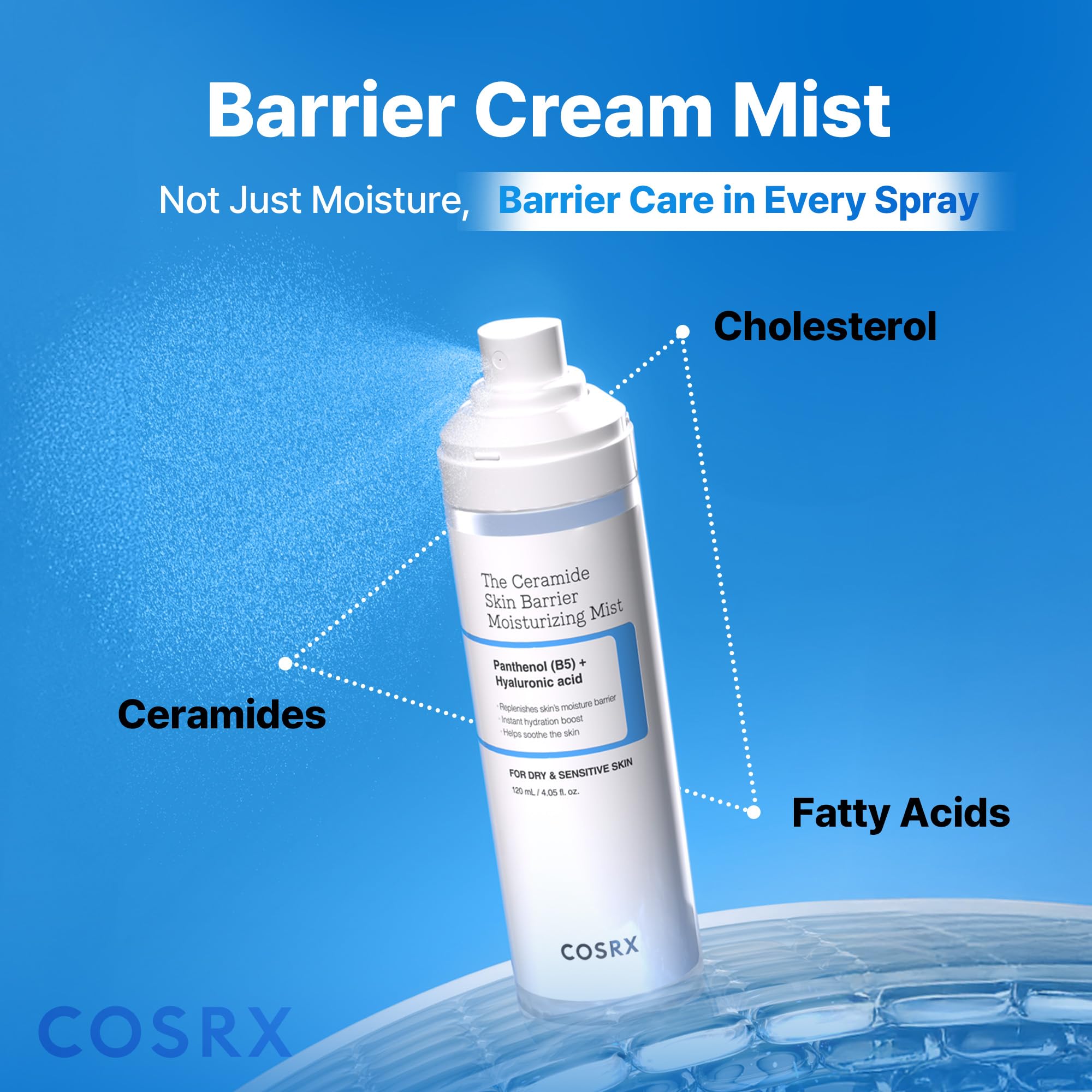 COSRX Korean skin care barrier cream mist bottle being held for application.