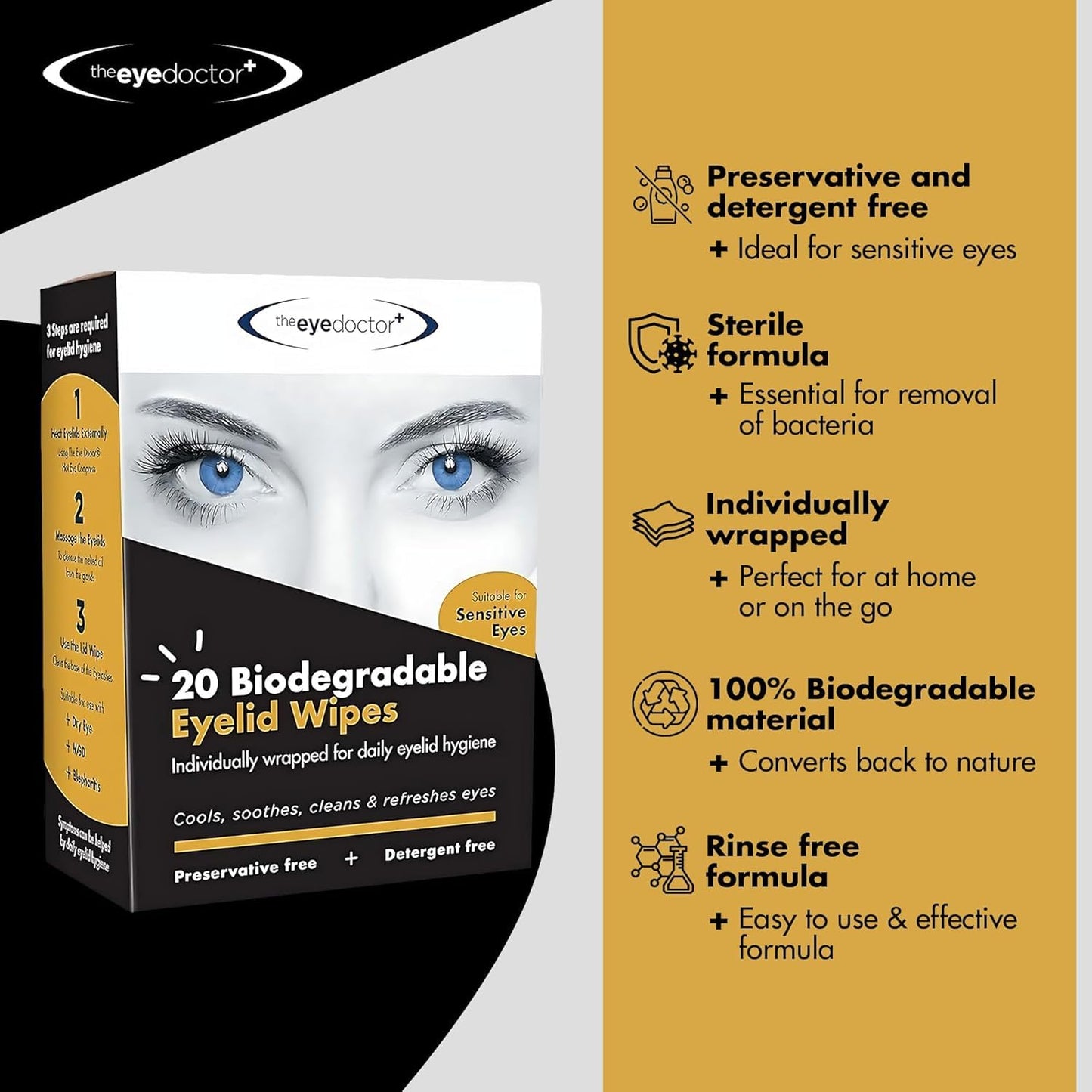 Individual sterile sachets of The Eye Doctor sensitive eye cleansing wipes spread out