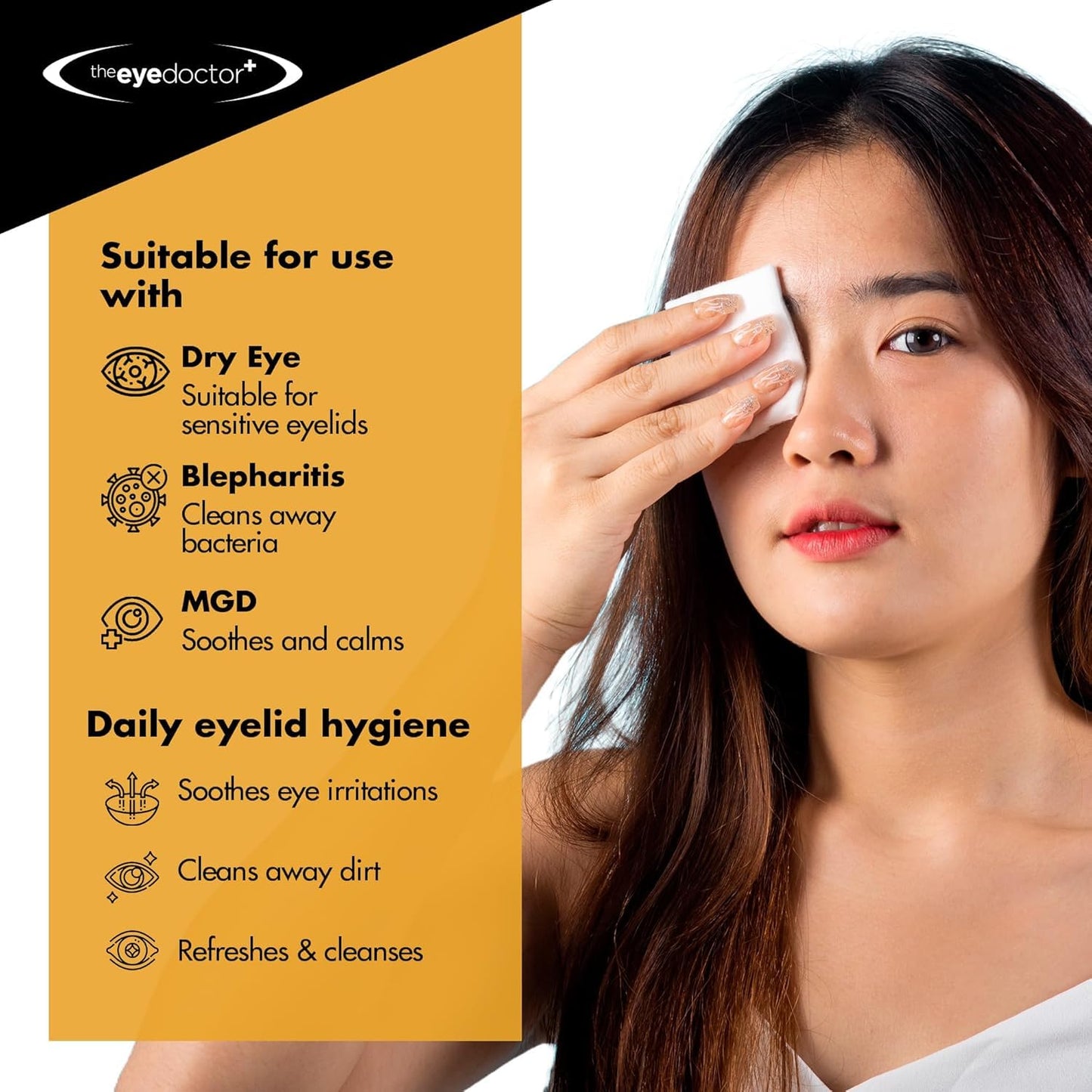 The Eye Doctor premium preservative free saline eye wipes box highlighting features