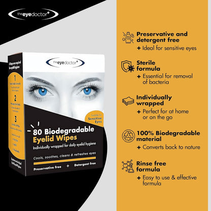 Authentic imported packaging of The Eye Doctor sterile saline pre soaked wipes