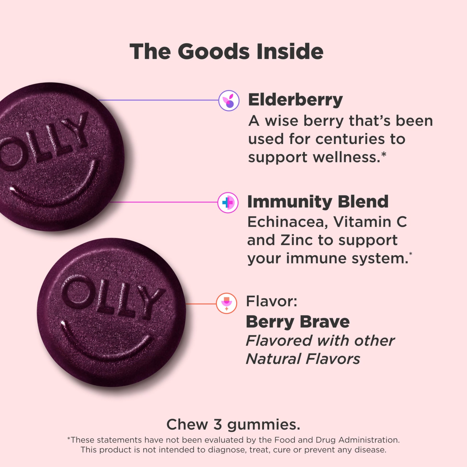 OLLY Active Immunity Berry Brave supplement packaging showcasing vitamin c and zinc ingredients