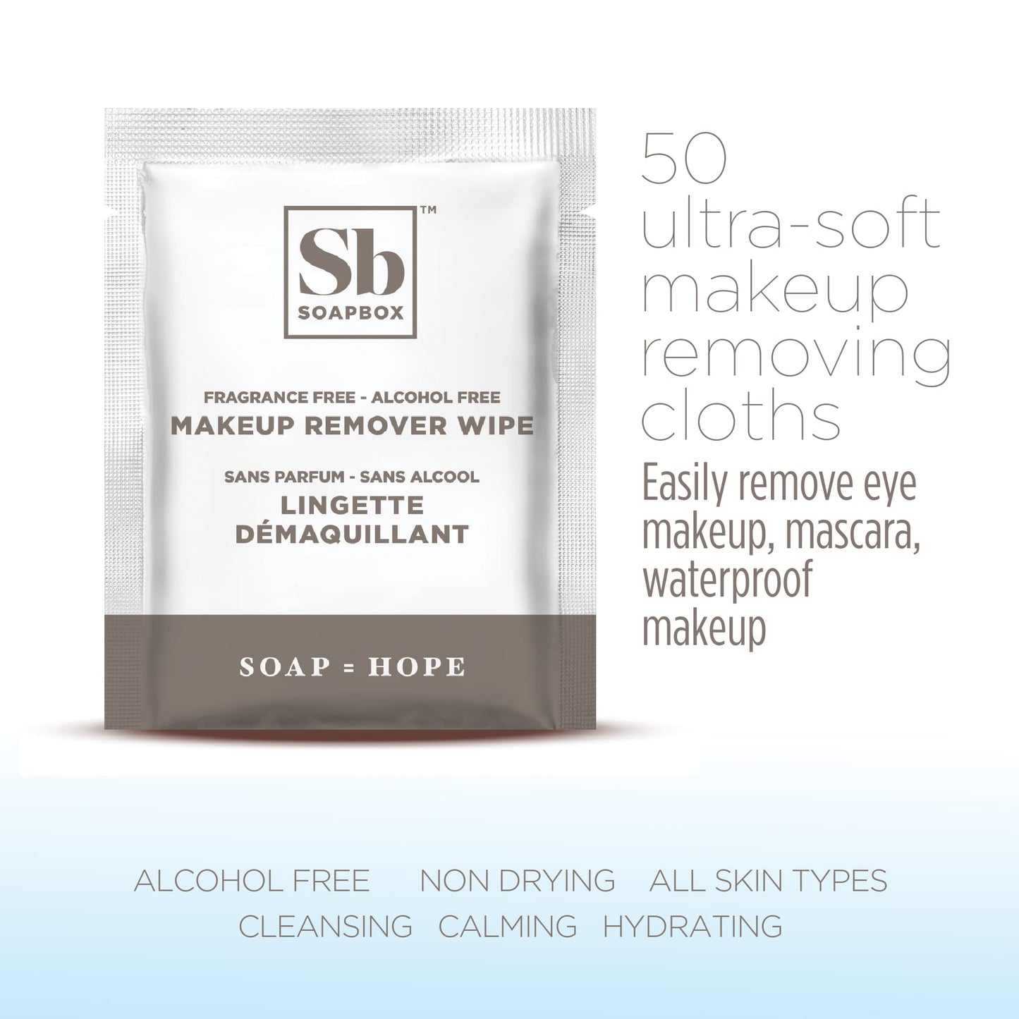 Unscented makeup remover cloths by Soapbox showing product details
