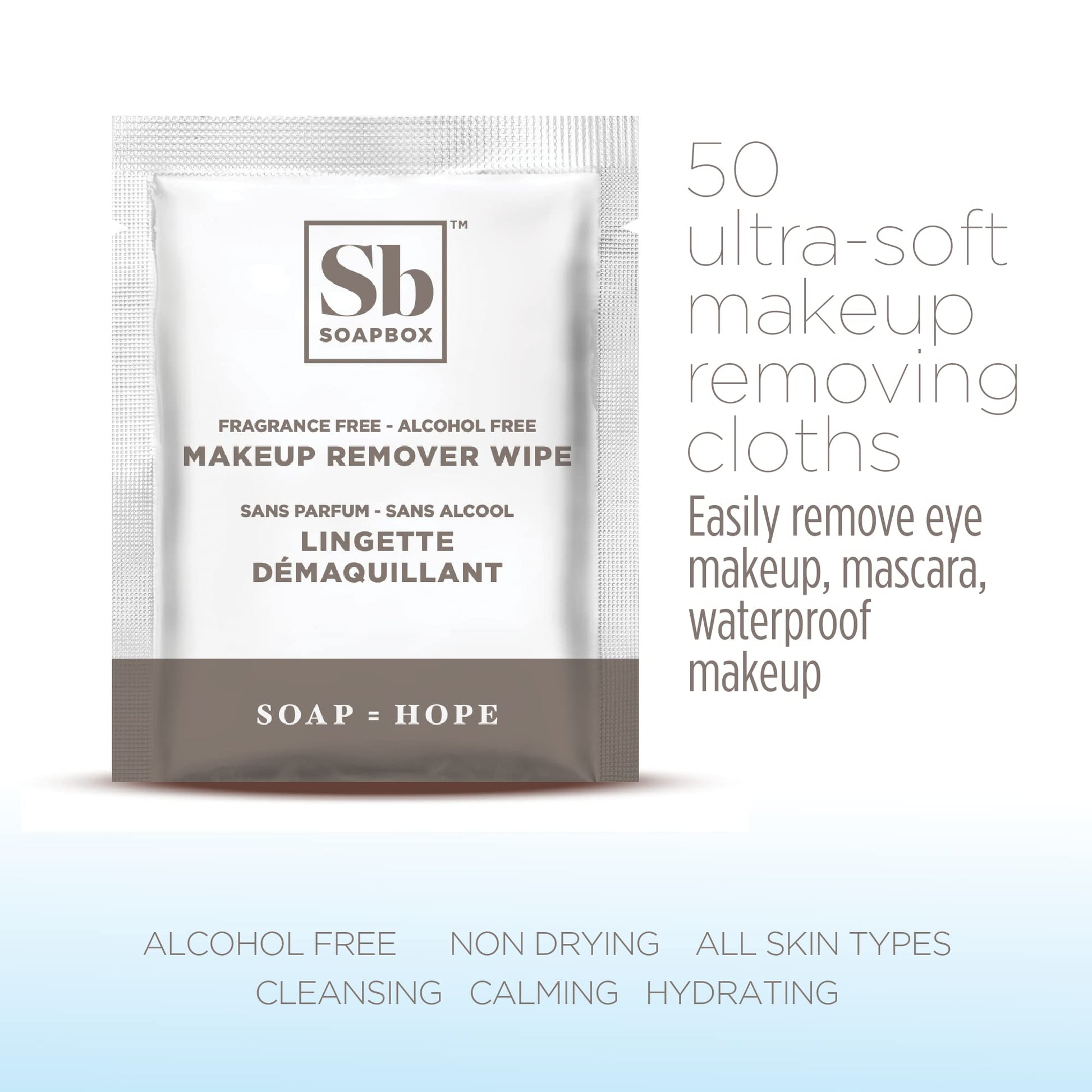 Unscented makeup remover cloths by Soapbox showing product details