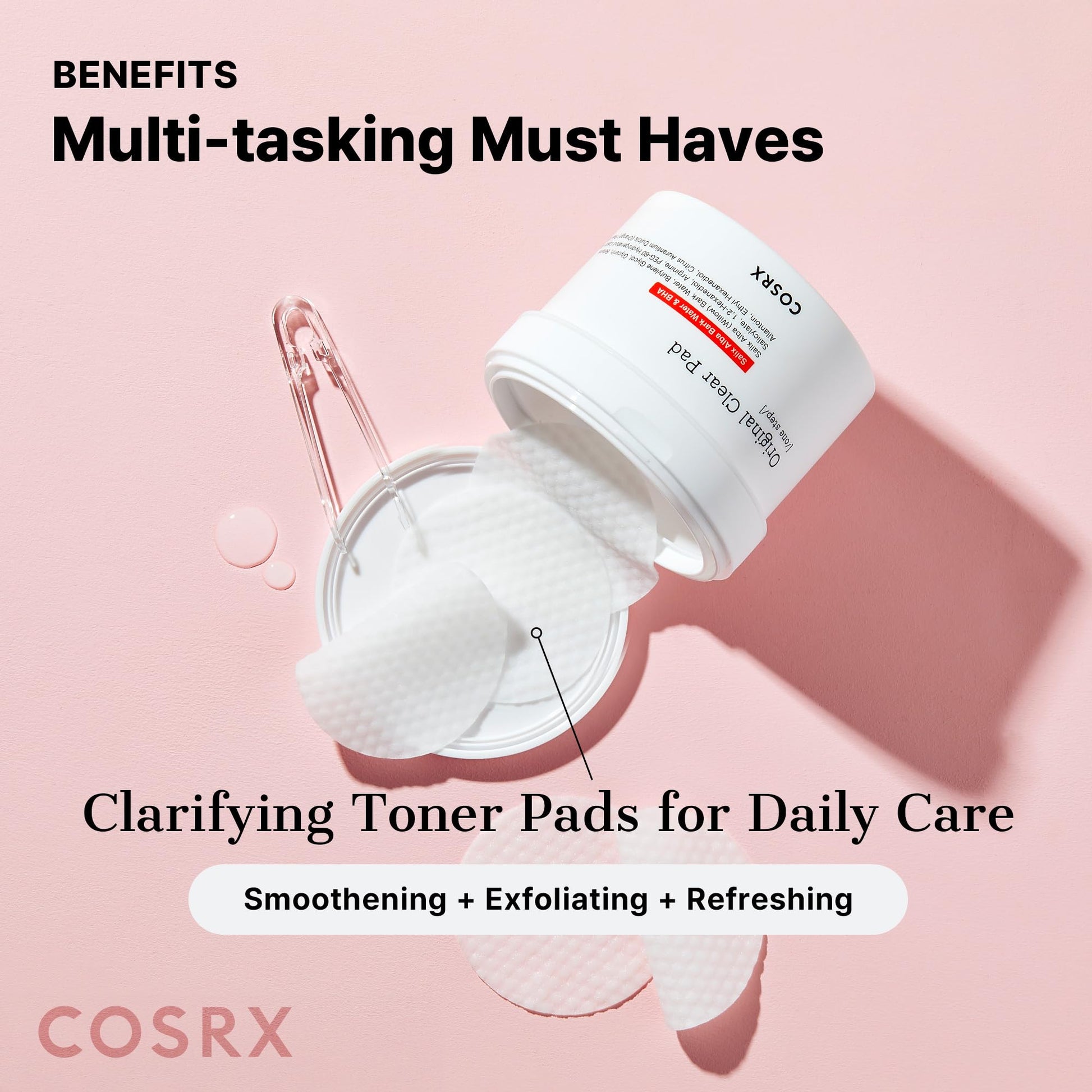 COSRX Betaine Salicylate BHA exfoliating pads side profile displaying instructions text