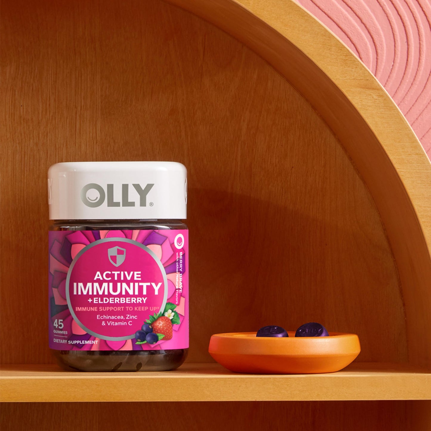 OLLY wellness supplement display highlighting seasonal defense antioxidant support properties