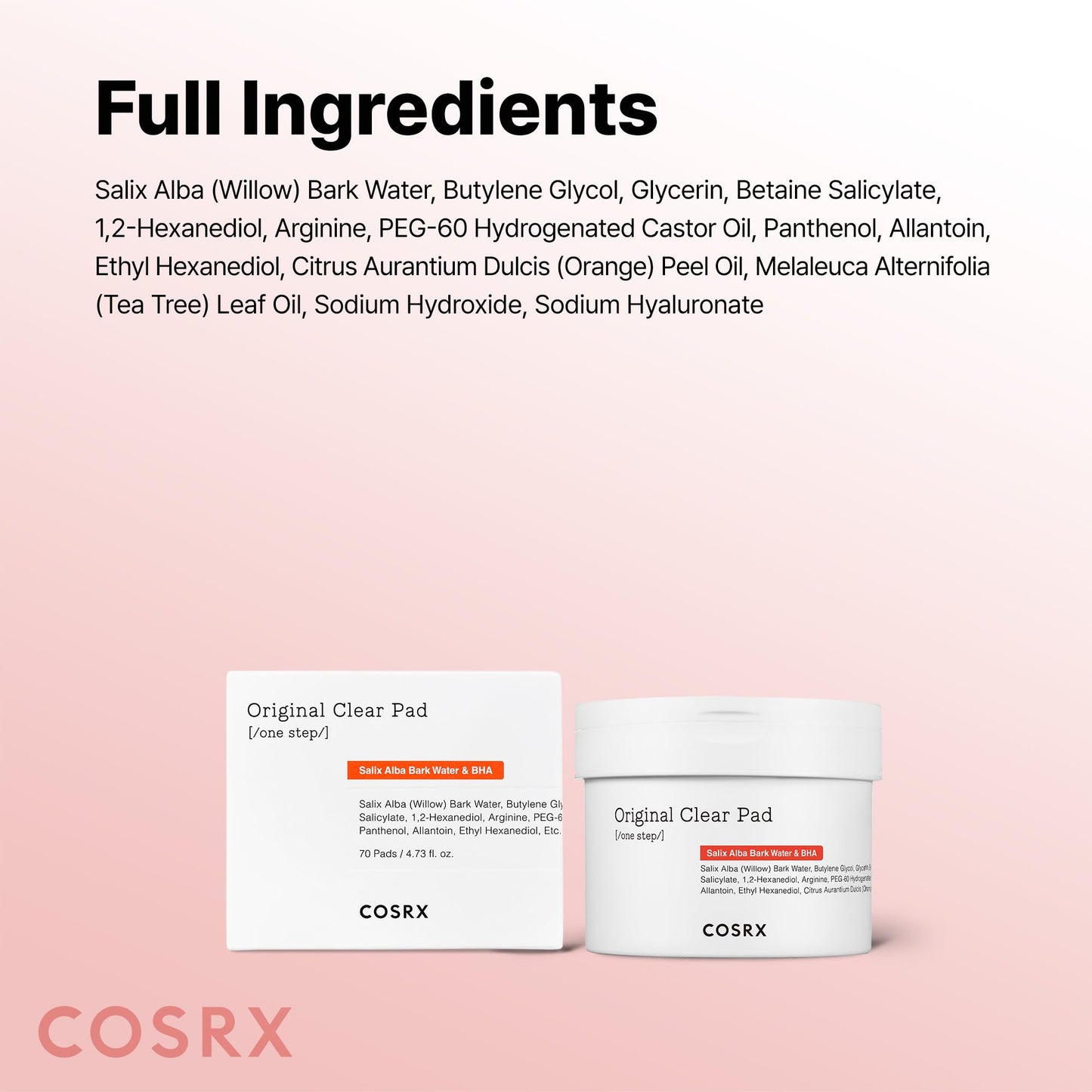 COSRX authentic USA imported clear pad container showing product description and ingredients list