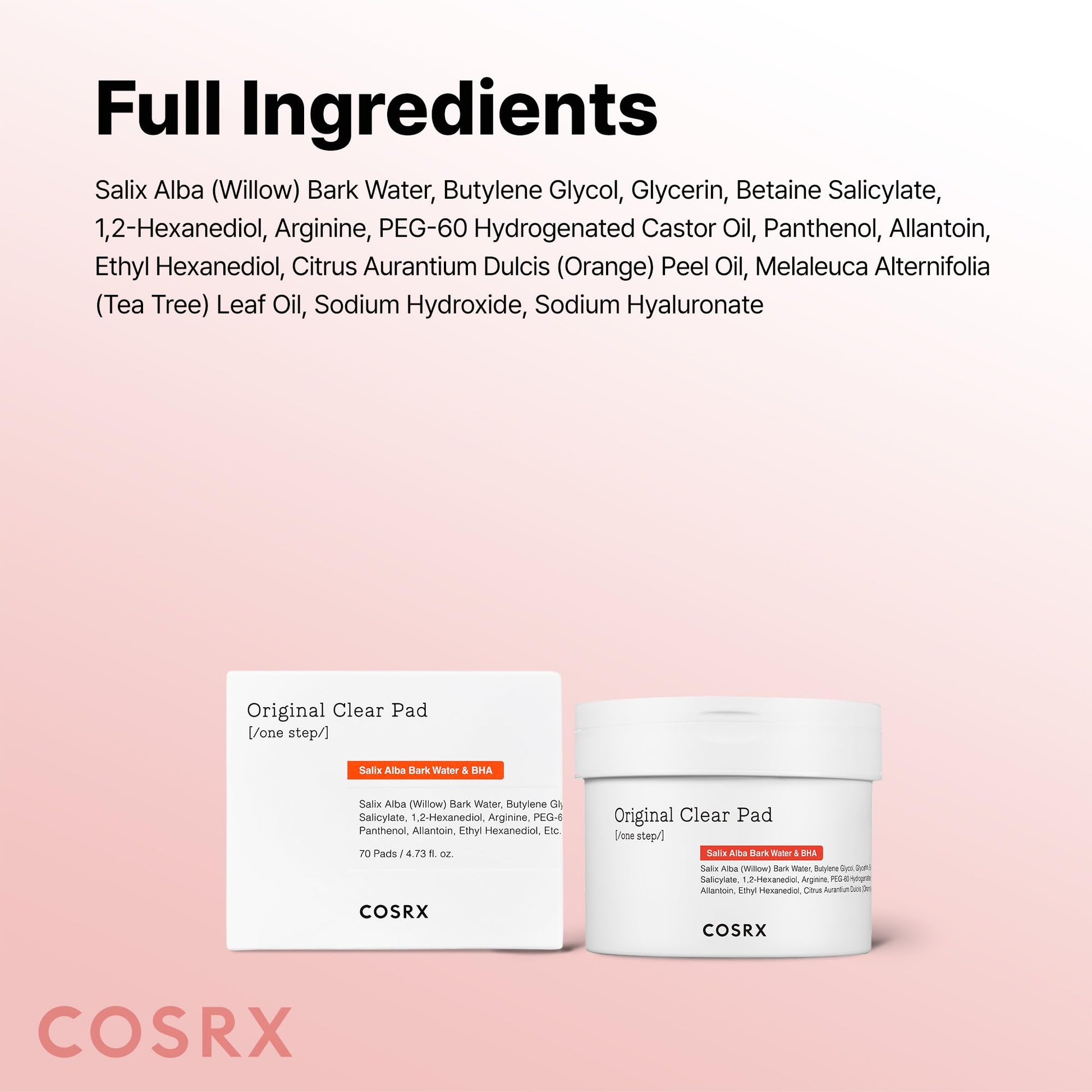 COSRX authentic USA imported clear pad container showing product description and ingredients list