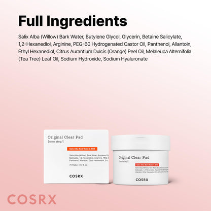 COSRX authentic USA imported clear pad container showing product description and ingredients list