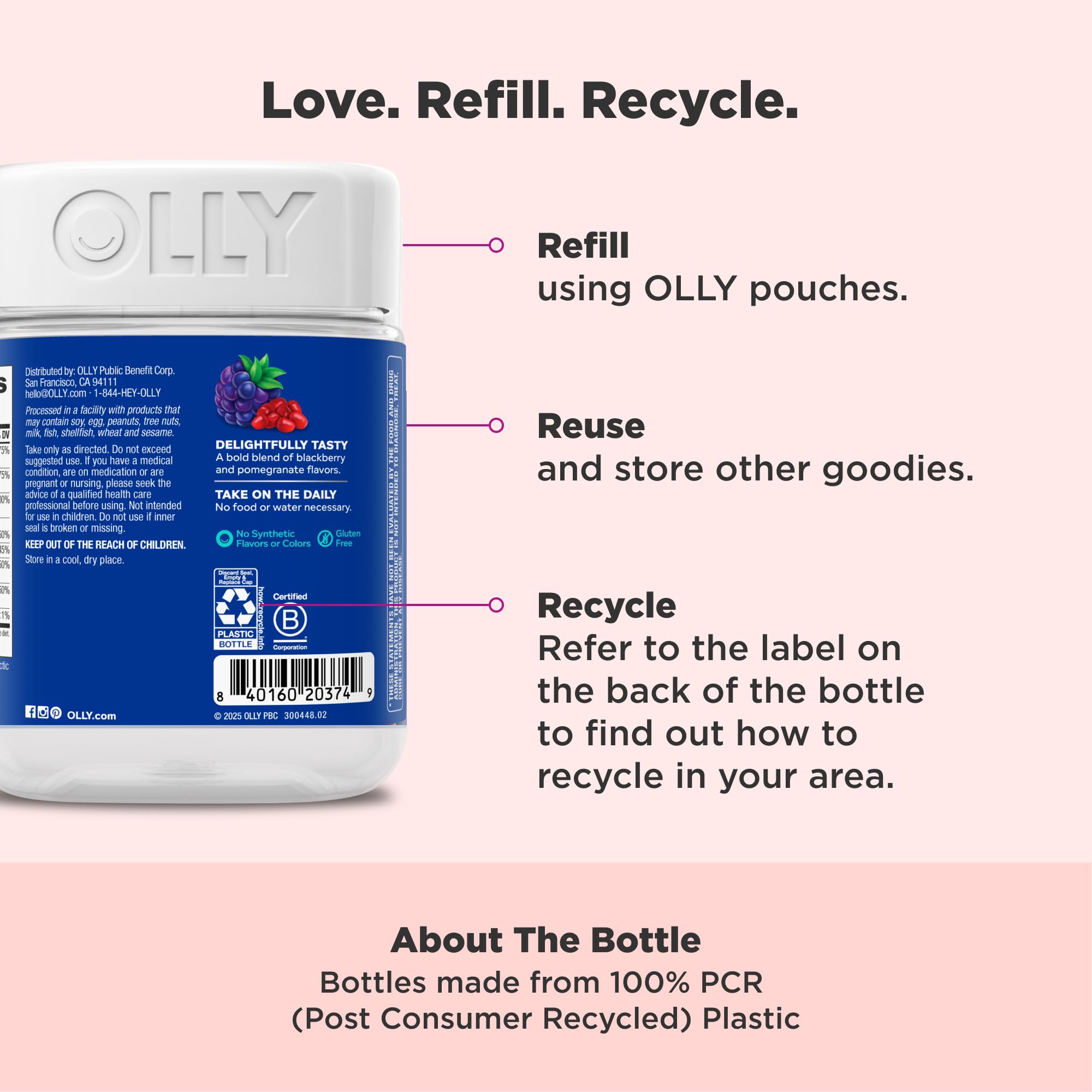 Side view of OLLY 65 day supply multivitamin container highlighting wellness features