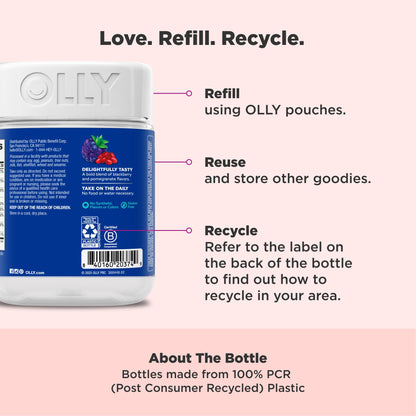 Side view of OLLY 65 day supply multivitamin container highlighting wellness features
