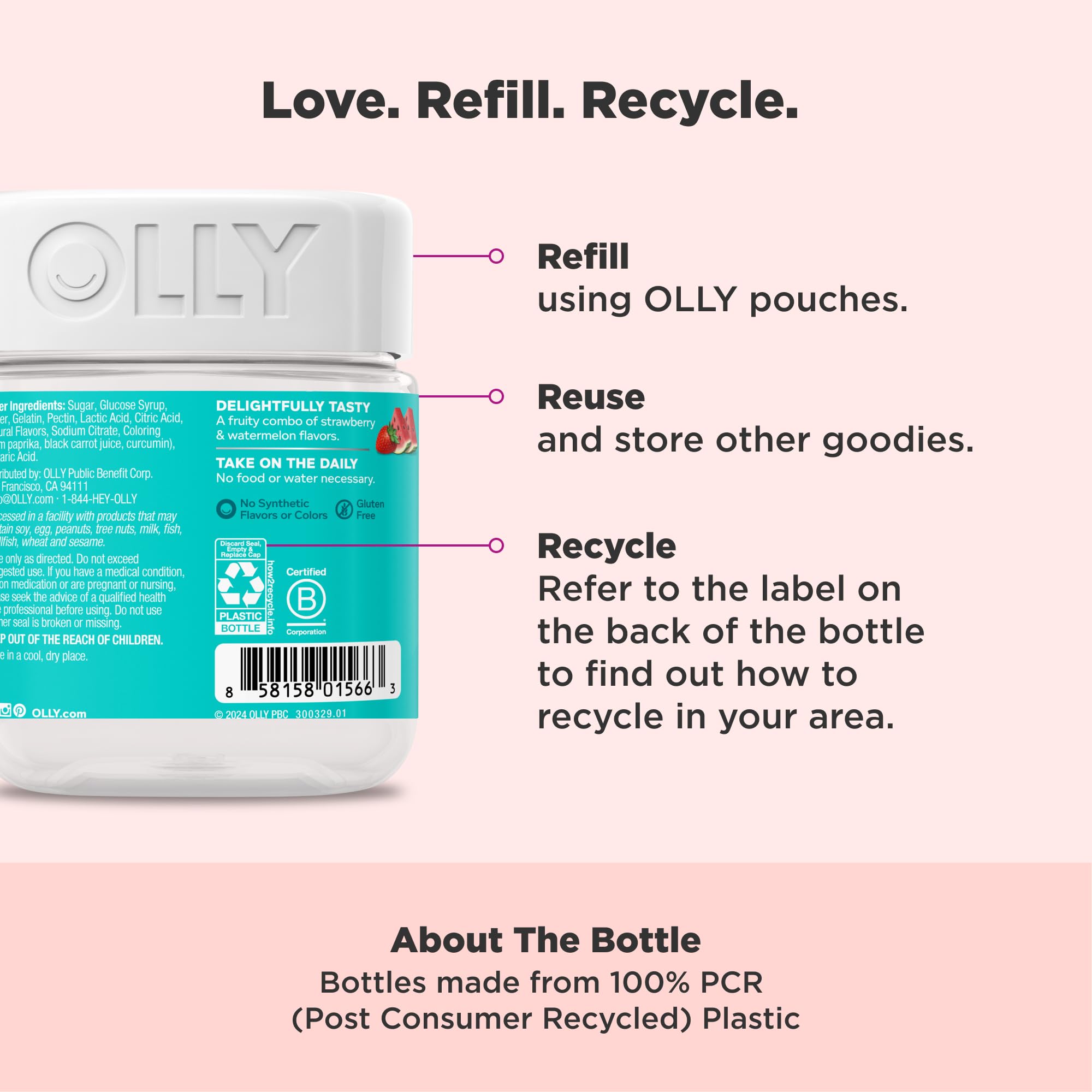 Side angle view of OLLY teen girl daily multivitamin bottle with natural gluten free certification.