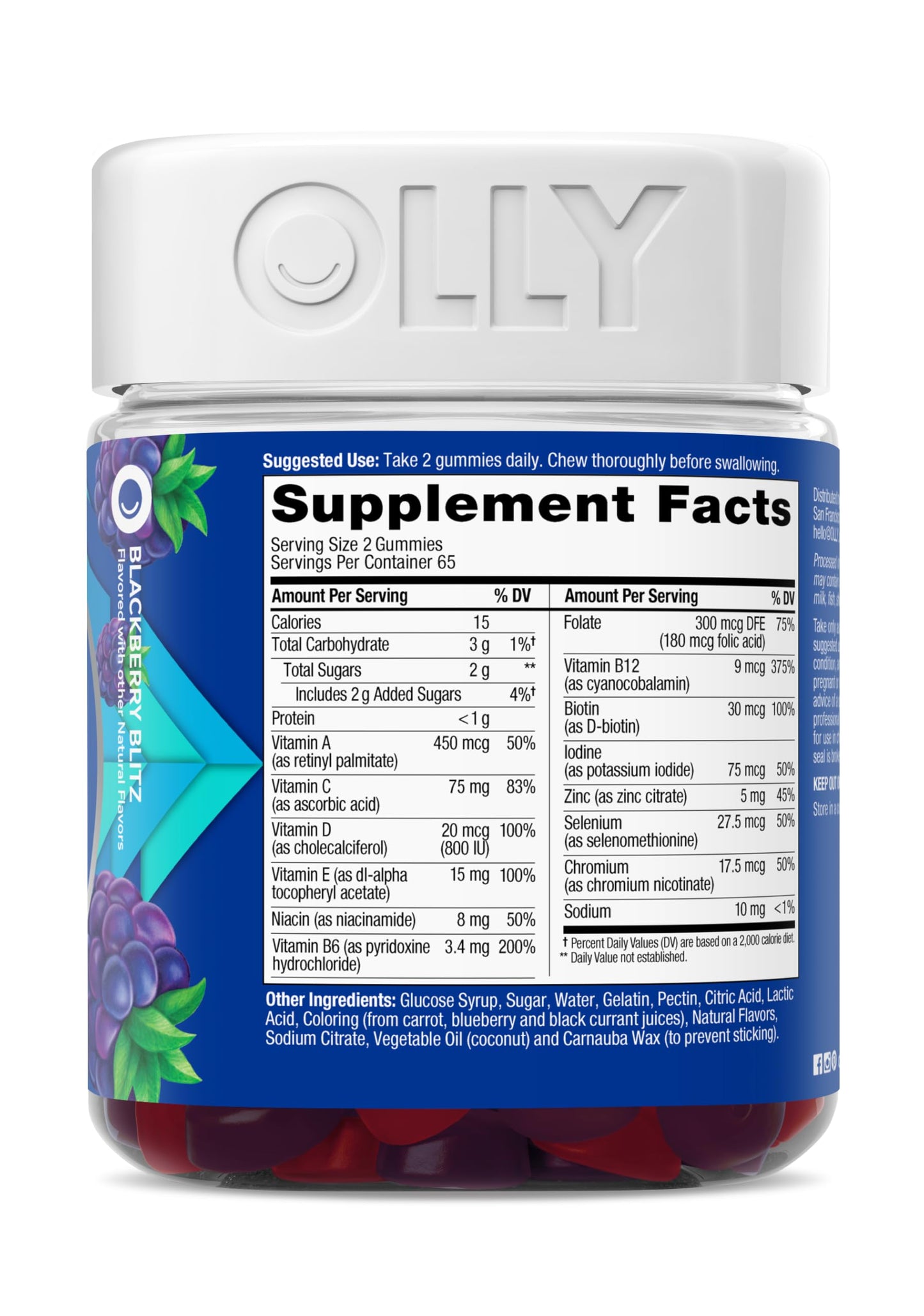 Full range presentation of the OLLY premium gummy vitamin container for adult health