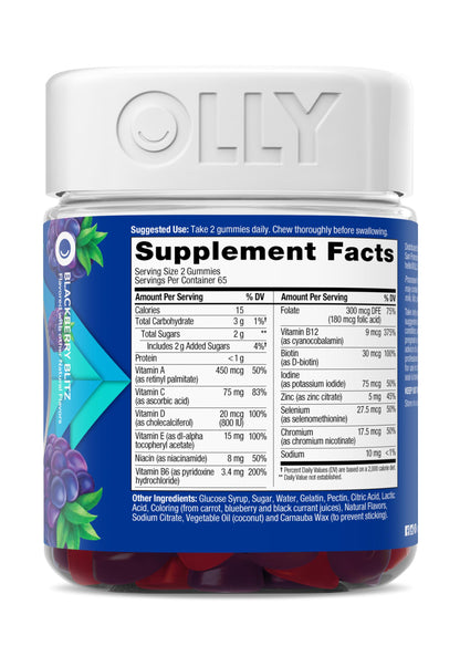 Full range presentation of the OLLY premium gummy vitamin container for adult health