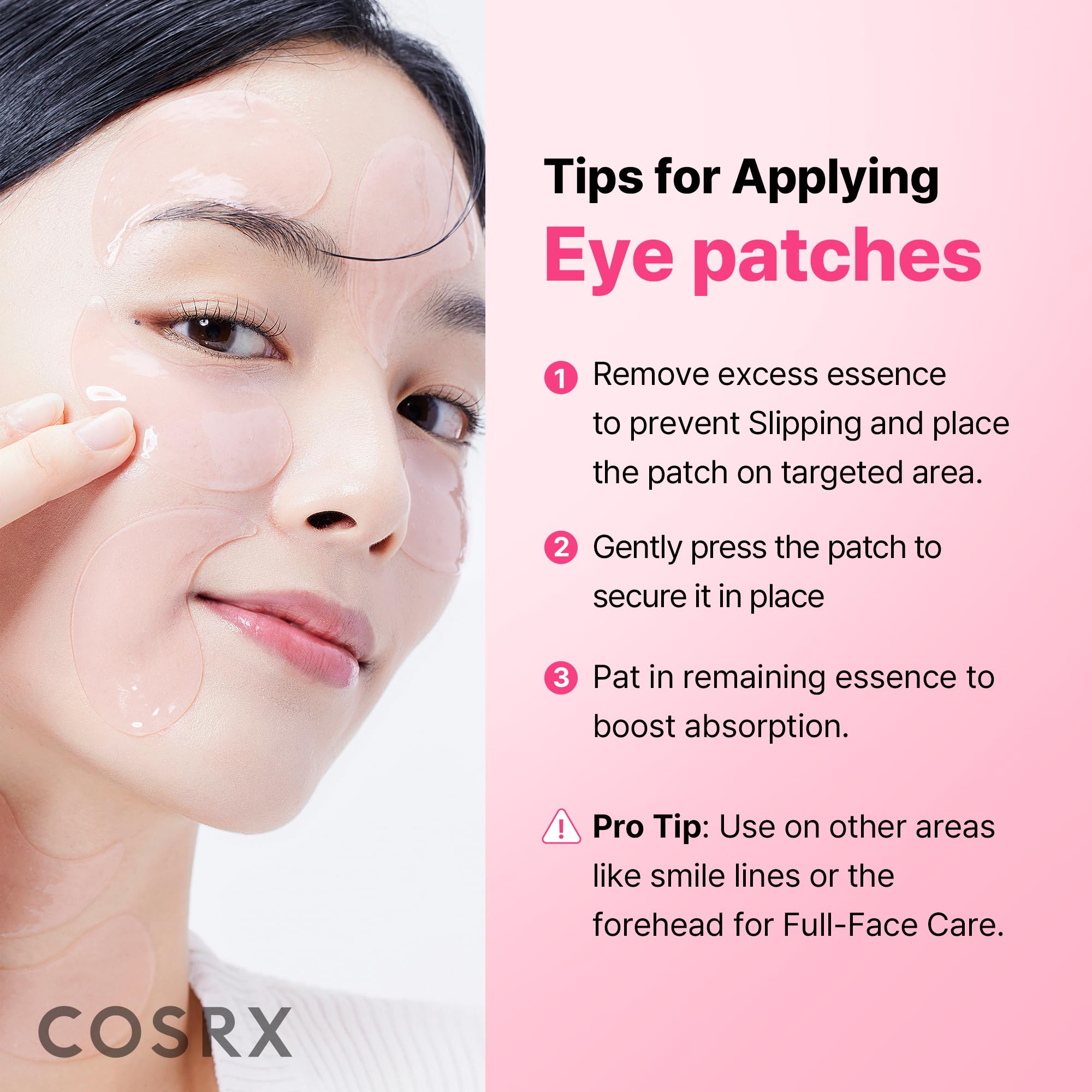 COSRX dark circle treatment patches demonstrating the application under the eye area.