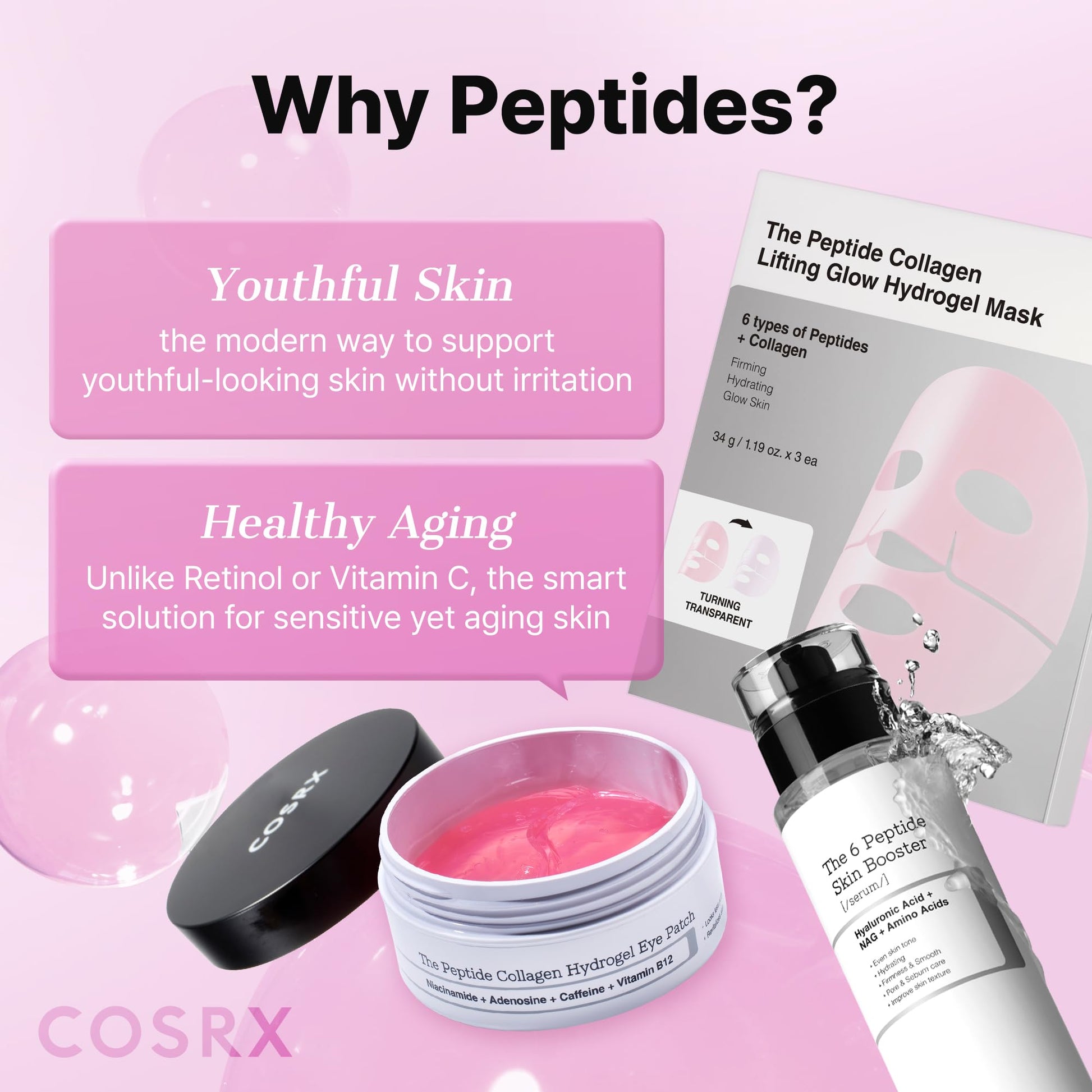 COSRX cooling under-eye gel masks highlighting the key ingredients like caffeine and peptides.