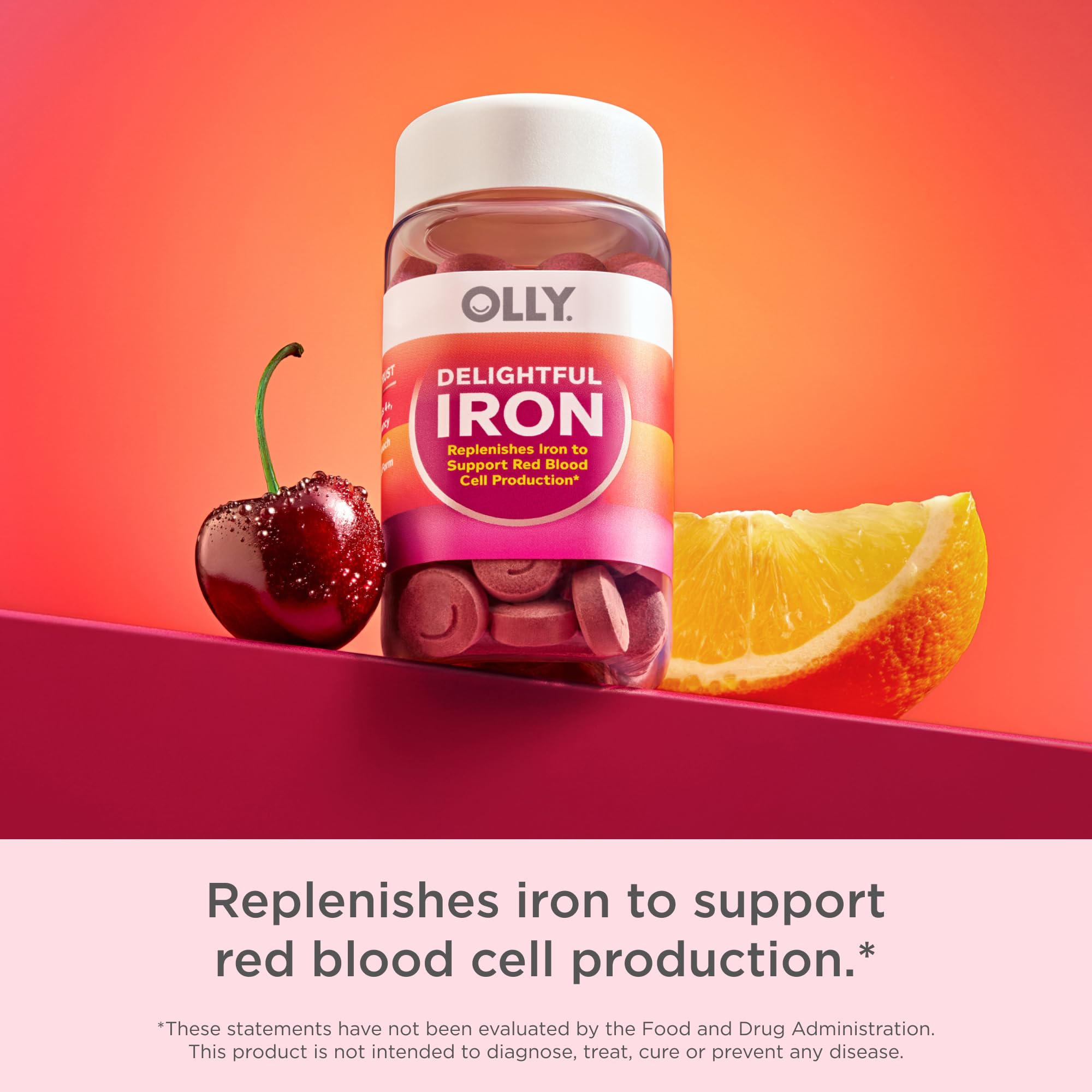 Olly daily iron vegan dietary supplement bottle showing allergy warnings