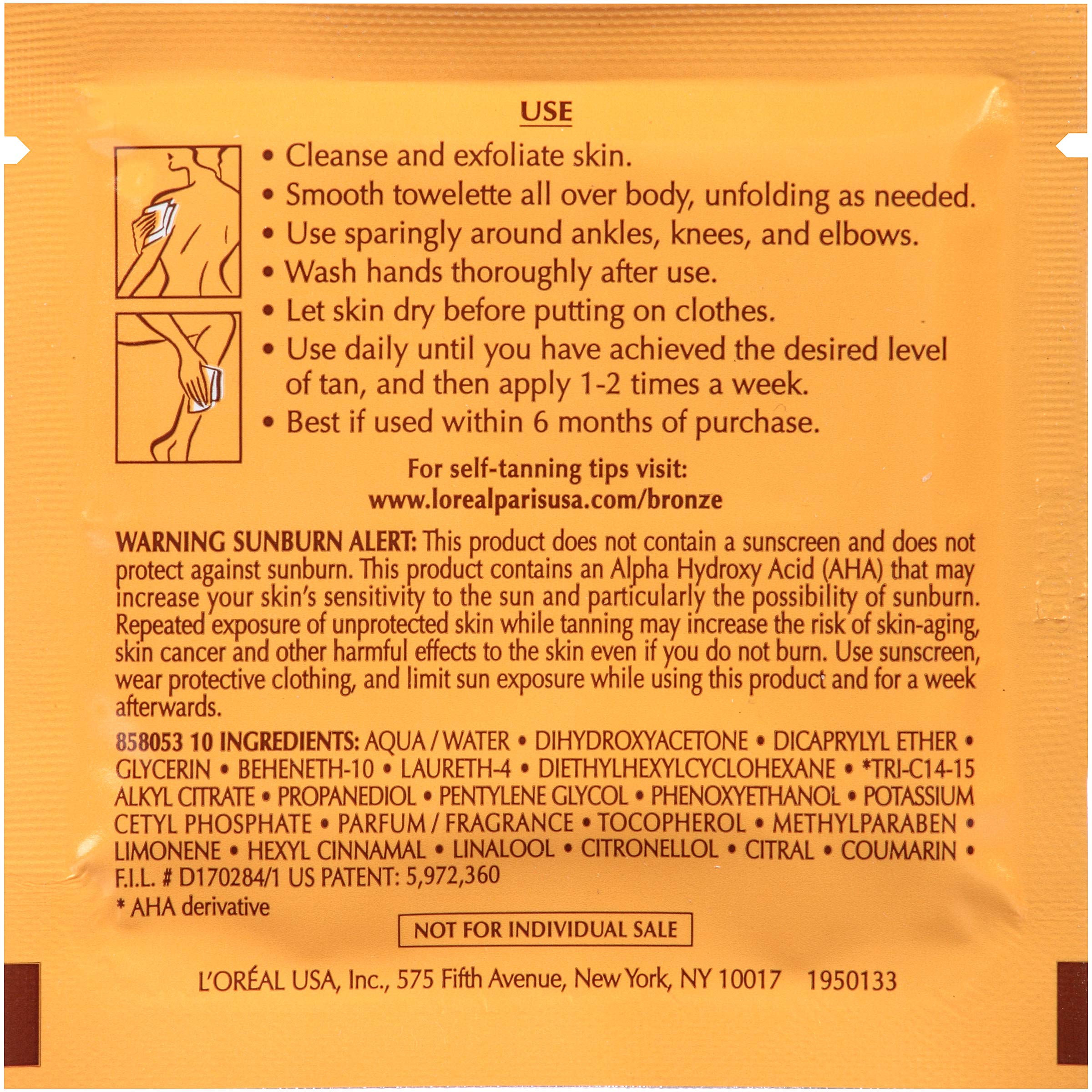 L'Oreal Paris sunless tanning wipes box showing 6 count contents