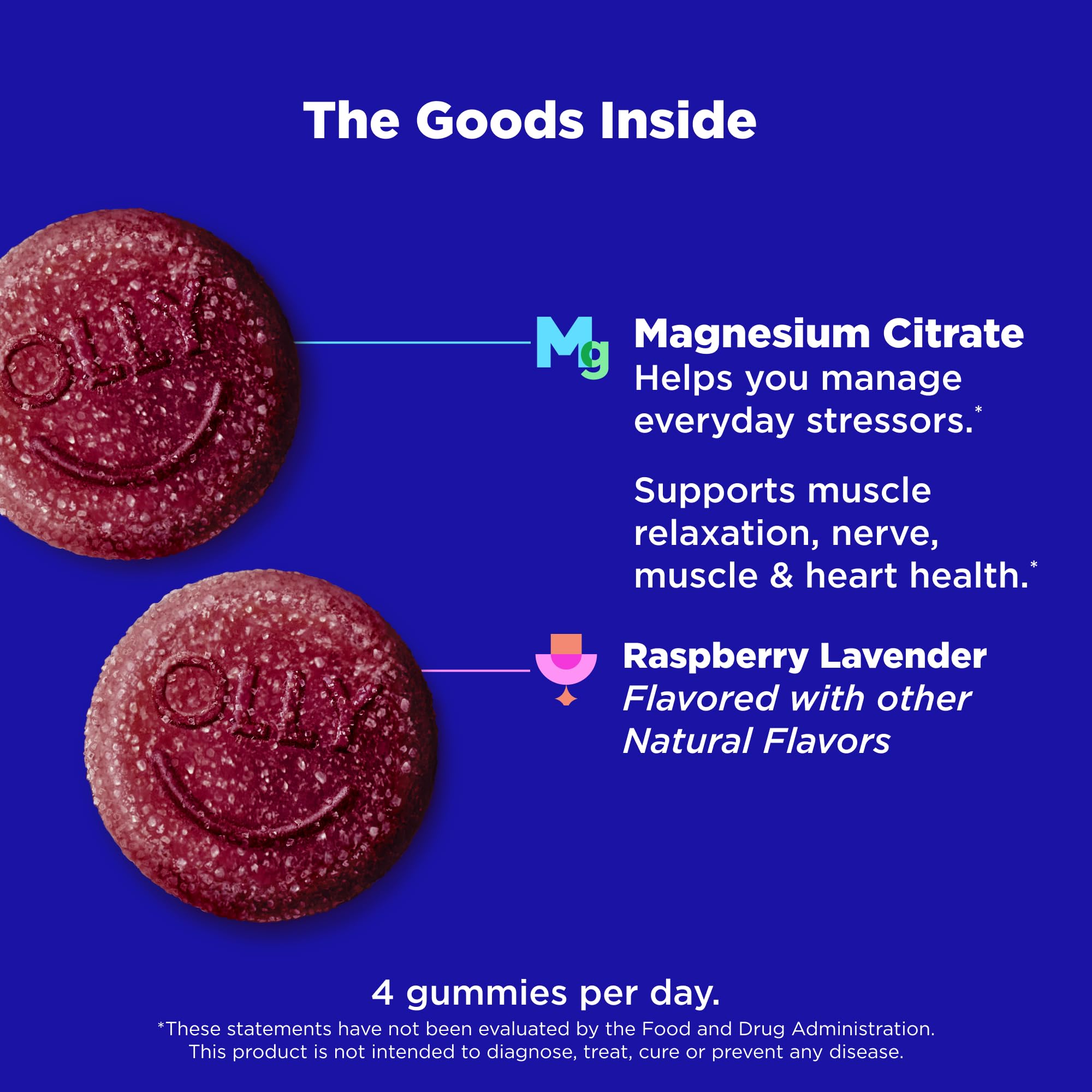 OLLY Magnesium Citrate Raspberry Lavender flavor dietary supplement label details