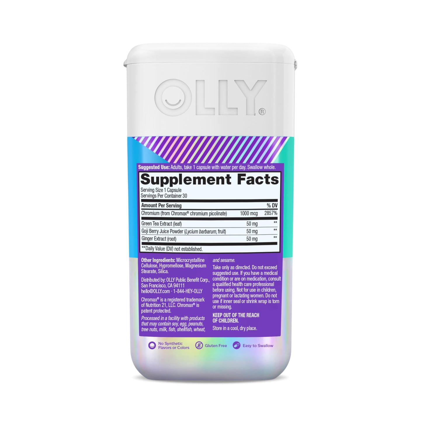 OLLY travel friendly thirty count bottle showing sugar free and gluten free certifications