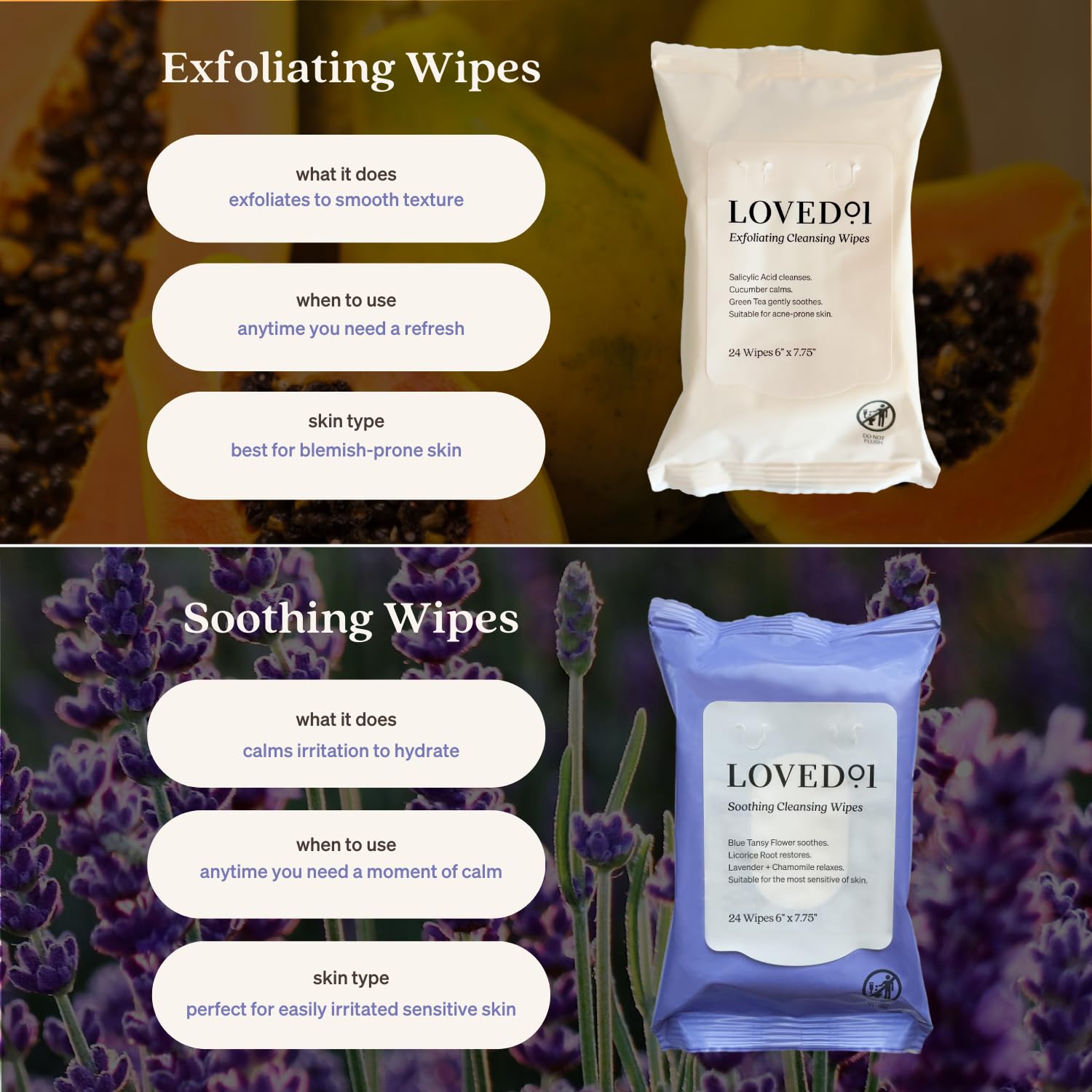 Loved01 John Legend skincare exfoliating wipes pack layout emphasizing the oil and fragrance free formula attributes.