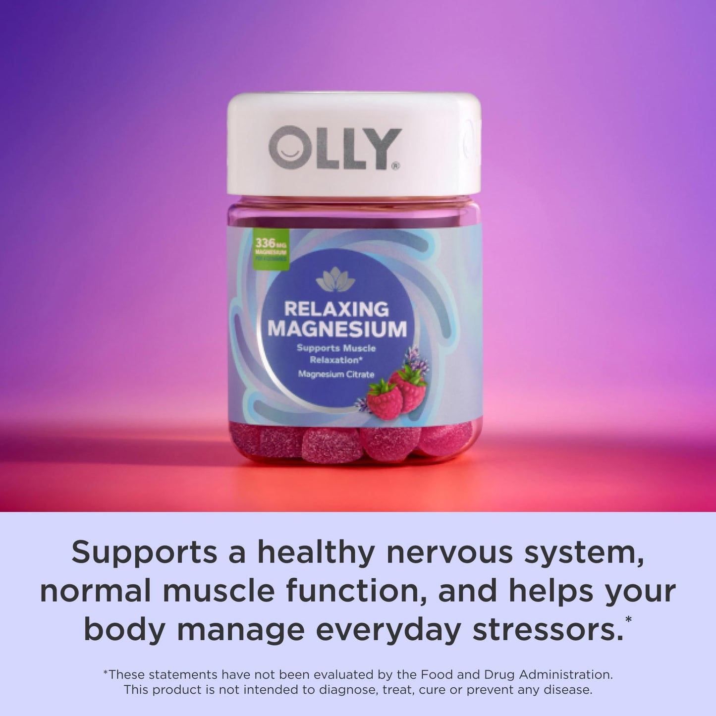 Close up of OLLY premium raspberry lavender flavored magnesium supplement