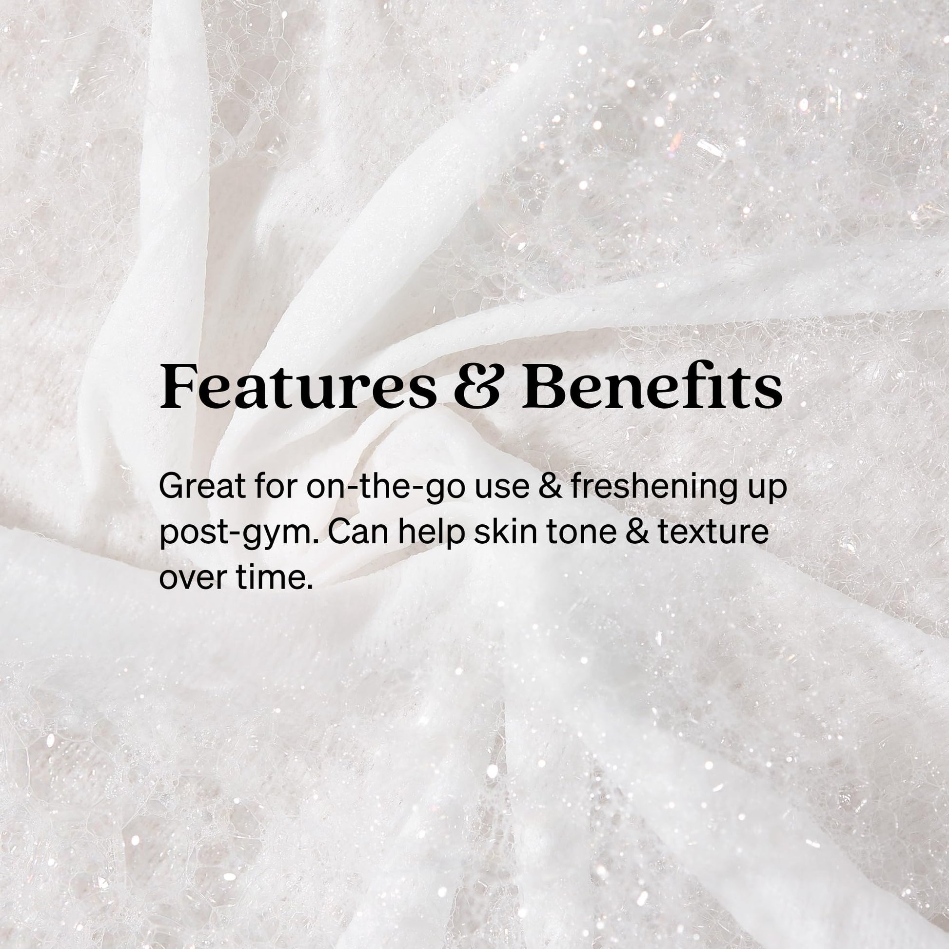 Loved01 exfoliating cleansing wipes packaging highlighting the no-rinse travel friendly benefit for gym and outdoor use.
