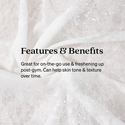 Loved01 exfoliating cleansing wipes packaging highlighting the no-rinse travel friendly benefit for gym and outdoor use.